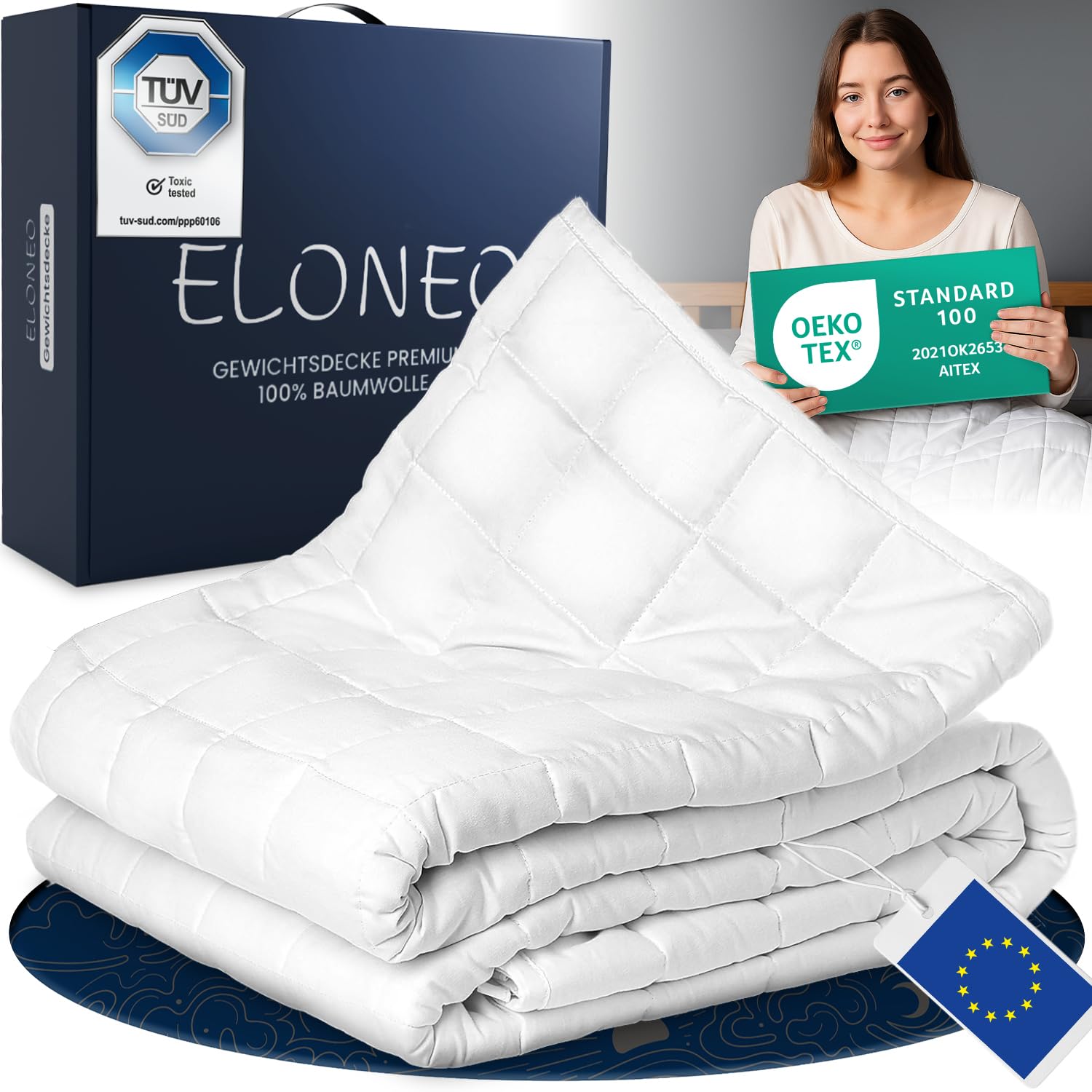 ELONEO Manta con Peso 135x200 cm con 11 kg, certificada por TÜV y Oeko-Tex, Manta Pesada para Dormir de 100% algodón