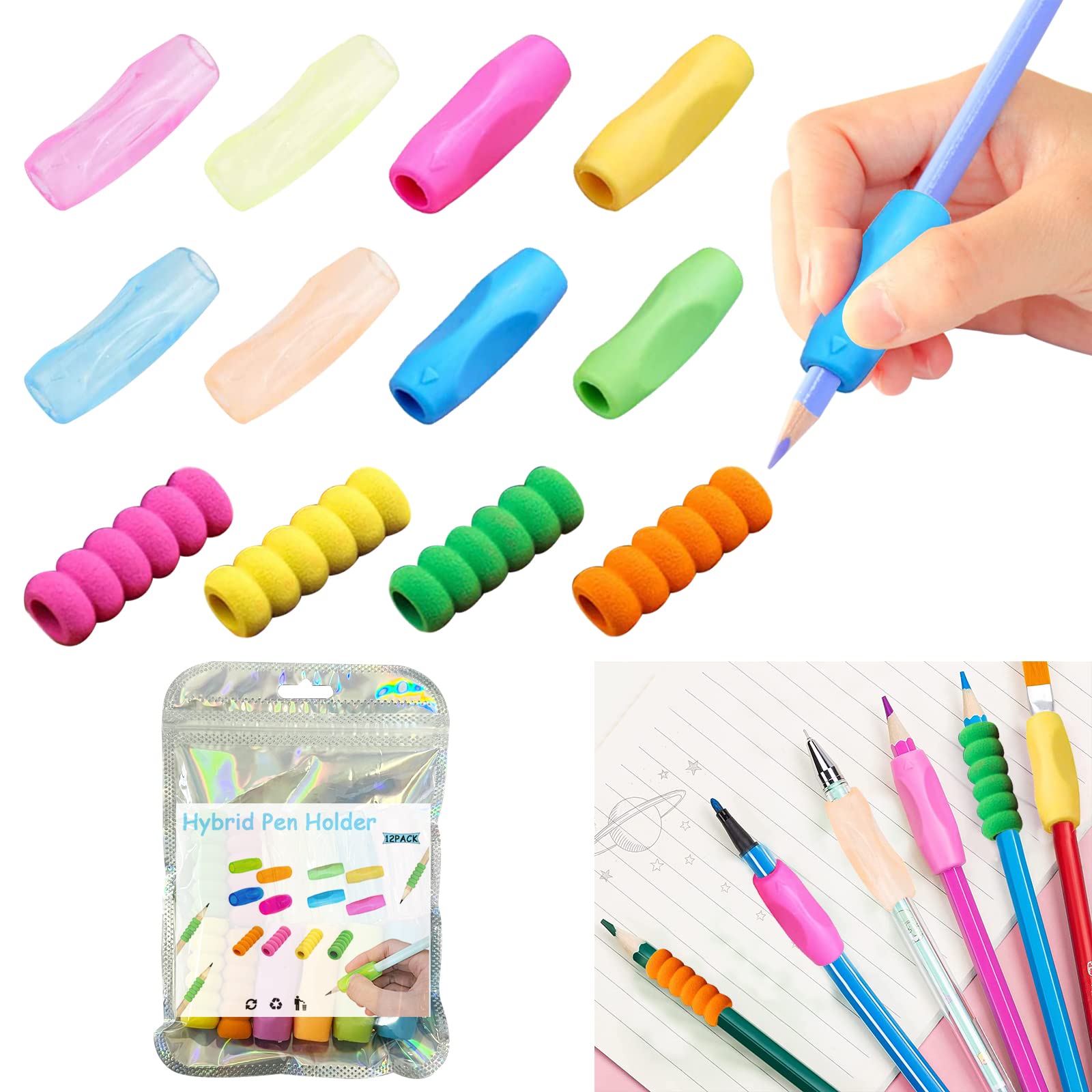 Fozuanei 12 PCS Silicone Pencil Grips, Soft Writing Aid Tool, Ergonomic Training Grip, Colorful Student Tool, Adult Posture Correction (3 Styles) (HXUKZ-017)