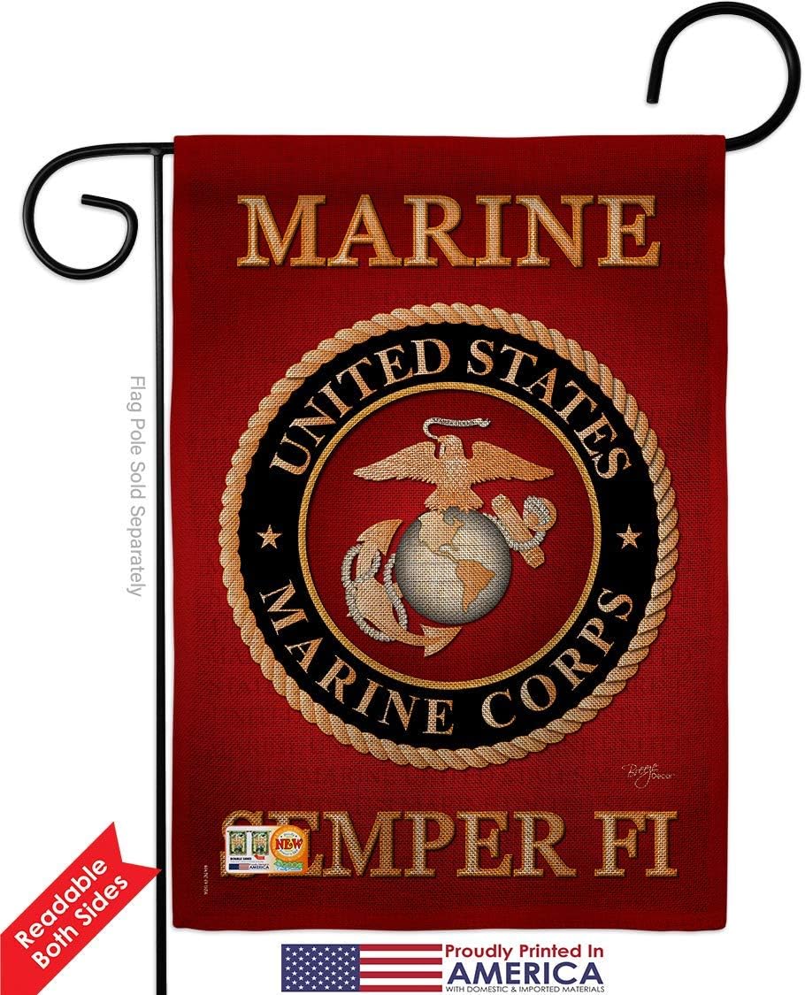 Marine Corps Burlap Garden Flag Set with Stand Armed Forces USMC Semper Fi United State American Military Veteran Retire Official Small Gift Yard House Banner Double-Sided Made In USA 13 X 18.5