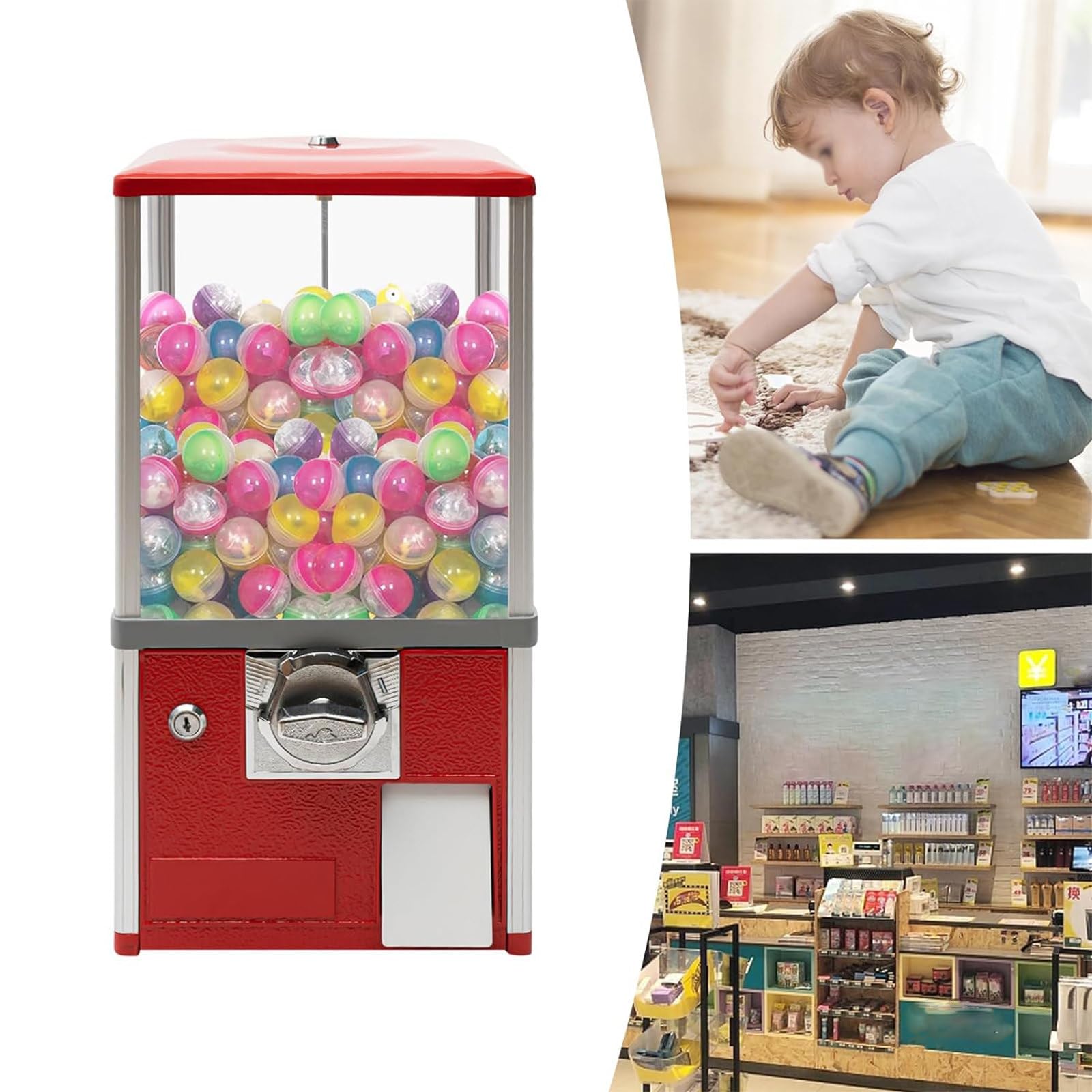 JJENXYYDS Small Vending Machine,Vintage Candy Gumball Machine,Round Capsules Gumballs Bouncy Balls,Gashapon Machine for Game Stores,Coin Operated Gumball Bank,Red