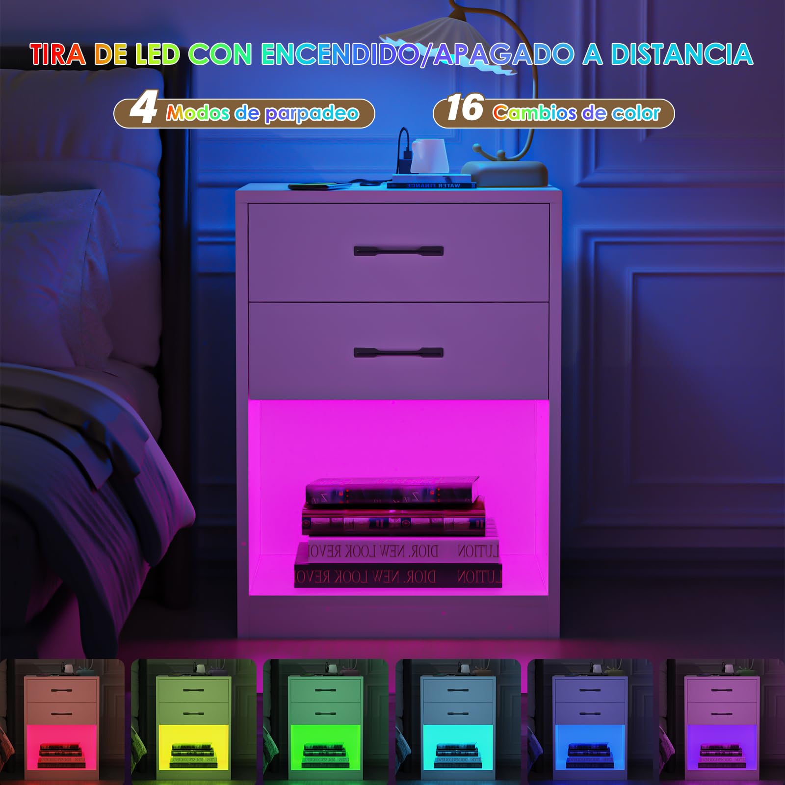 Mesitas de Noche Blancas, Mesita de Noche Led, Mesa de Noche con estación de Carga, 2 cajones, Armario de Cama, Estilo Moderno, para Dormitorio, salón 40x35x60cm