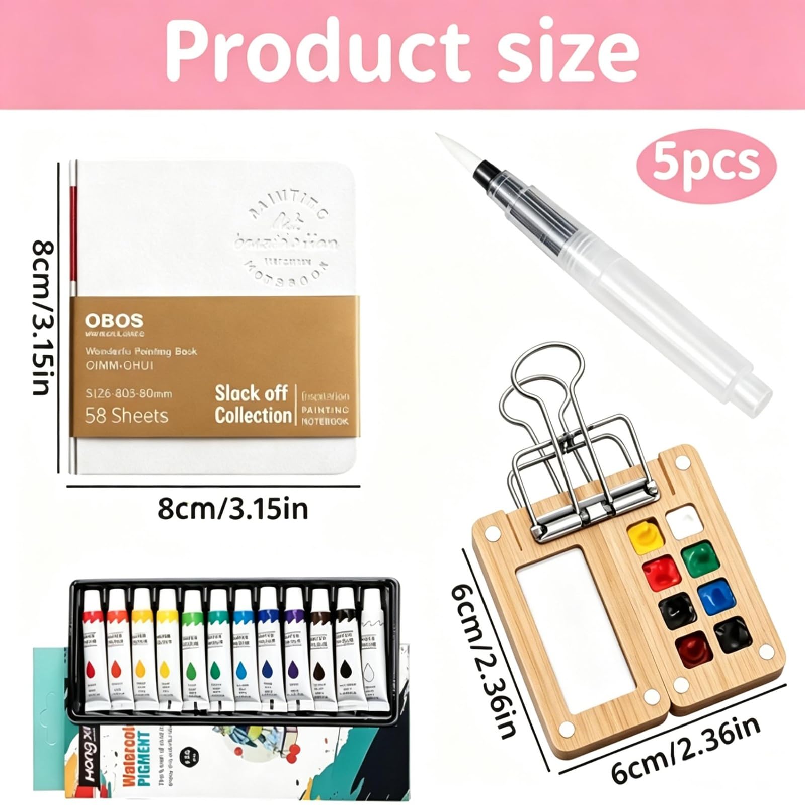 5 Mini Aquarell Travel Set, 8-Fächer Pocket Aquarell Set aus Bambus, Tobios faltbares Aquarellset, für Maler, Künstler und Studenten (inkl. Skizzenbuch, Palette, Metallklammer, Pinsel, Farben)