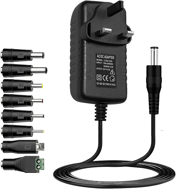 Universal UK 12V 3A Power Supply Adapter, 36W with 8 Replaceable Tips | 5.5x2.1mm AC to DC Charger Multi Plug Adapter for LED Strip Lights, Router, CCTV Camera, Baby Monitor Speakers DVD MP3/MP4
