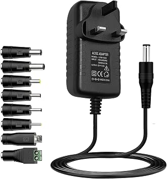 Universal UK 12V 3A Power Supply Adapter, 36W with 8 Replaceable Tips | 5.5x2.1mm AC to DC Charger Multi Plug Adapter for LED Strip Lights, Router, CCTV Camera, Baby Monitor Speakers DVD MP3/MP4