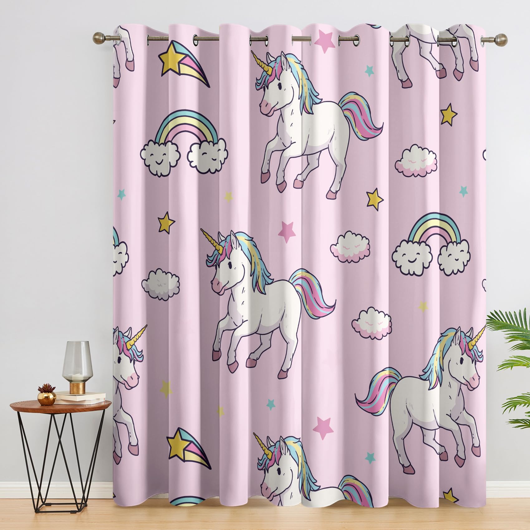 Pink Unicorn Curtains, Kids Girls Cute Cartoon Rainbow Blackout Curtains for Bedroom Living Room, 52x84 Inch Drapes, Eyelet Thermal Curtains, Window Treatments, 2 Panels