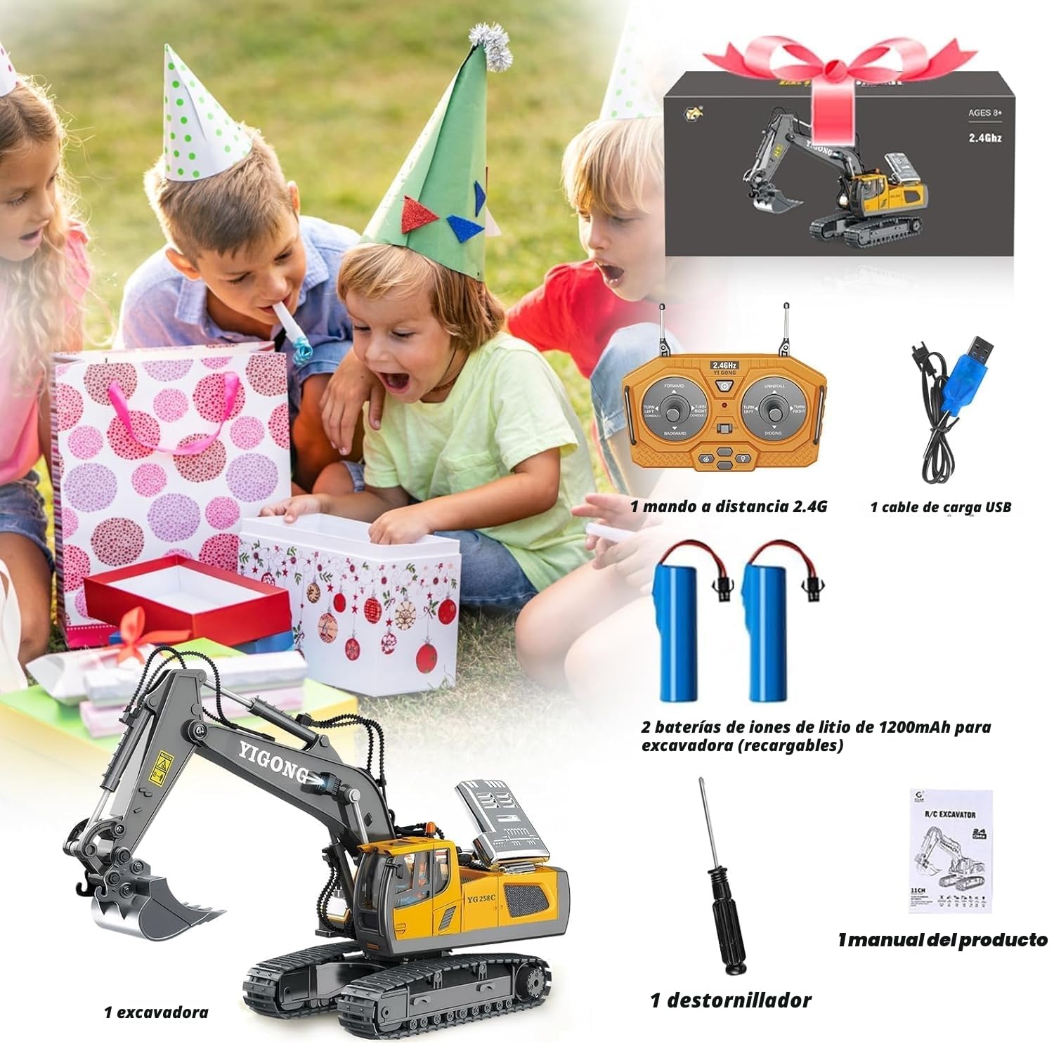 Juguete Excavadora Teledirigido, Juguete para Niños y Niñas Mayores de 3 Años, Rotación de 680°, 11 Canales, RC Recargable, Sonido y Luz, Excavadora Juguete para Niños de 6-12 años (2,4 GHz)