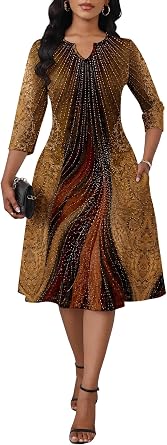 SUZONANA Midi Dresses for Women Casual 3/4 Sleeve Flowy Wedding Dress Plus Size Sundress with Pockets