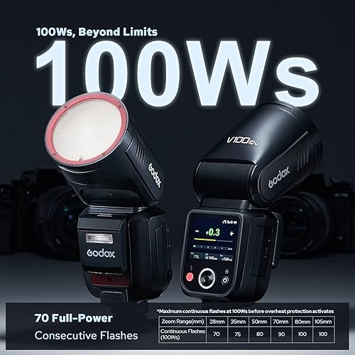 Miniatura 4 de Godox V100 V100-C Versión USA Flash para Canon, Speedlite de Pantalla Táctil 100Ws, Flash Auxiliar Desmontable, Batería de Carga USB-C, 2.4G