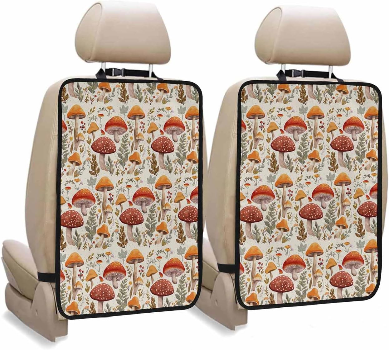 Car Seat Protector, 2 Pack Kick Mats Back Seat Protector Fall Thanksgiving Mushroom Retro Flower Floral Plant Leaves Waterproof Backseat Cover for Kids Universal Fit Automotive Interior Protectors