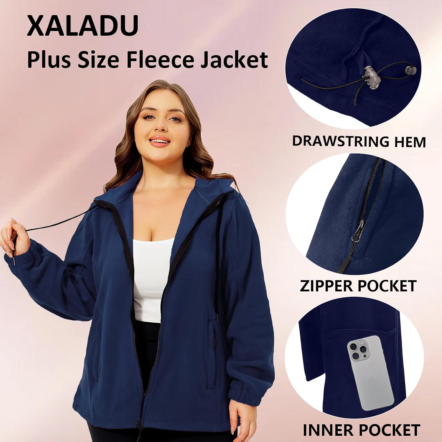 Women's Plus Size Fleece Jacket with Zipper Adjustable Hood for Spring/Autumn (Specialized in Plus Sizes)