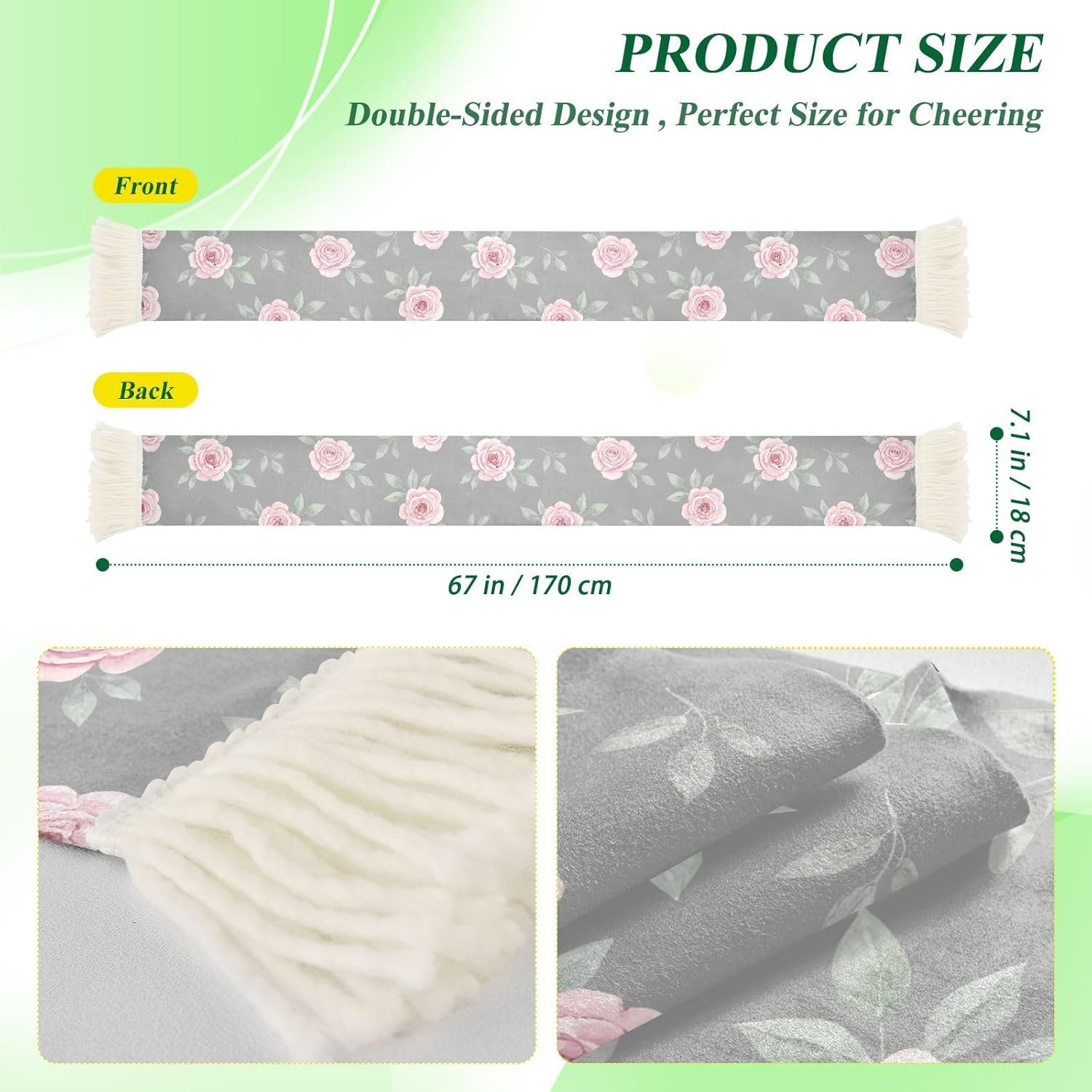 CHIFIGNO Watercolor Pink Rose Gray Sports Fan Scarf with Fringe, Soft Absorbent Sweat Towel Wrap for Soccer Football Games, Polyester Quick Dry Rally Towel