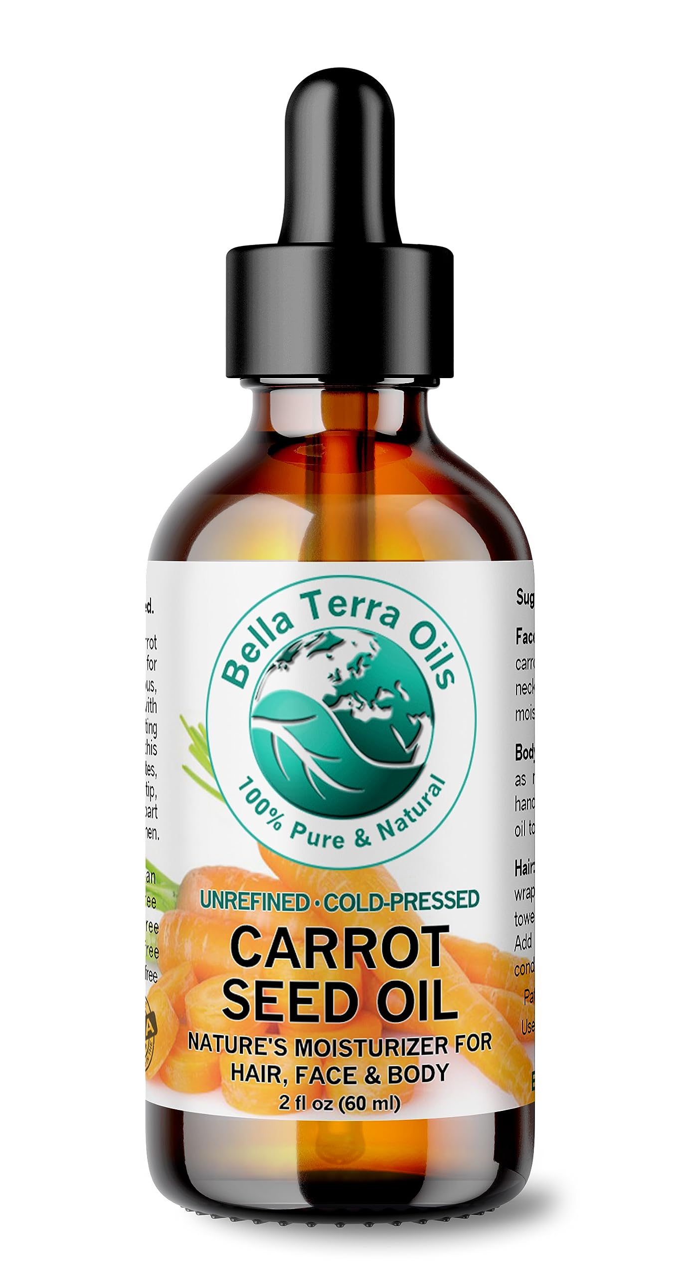 Bella Terra Oils - Organic Carrot Seed Oil 2 oz - Cold-Pressed Elixir, Abundant in Vitamin A & E, Beta-Carotene Richness, Ideal for Nourished Skin Radiance