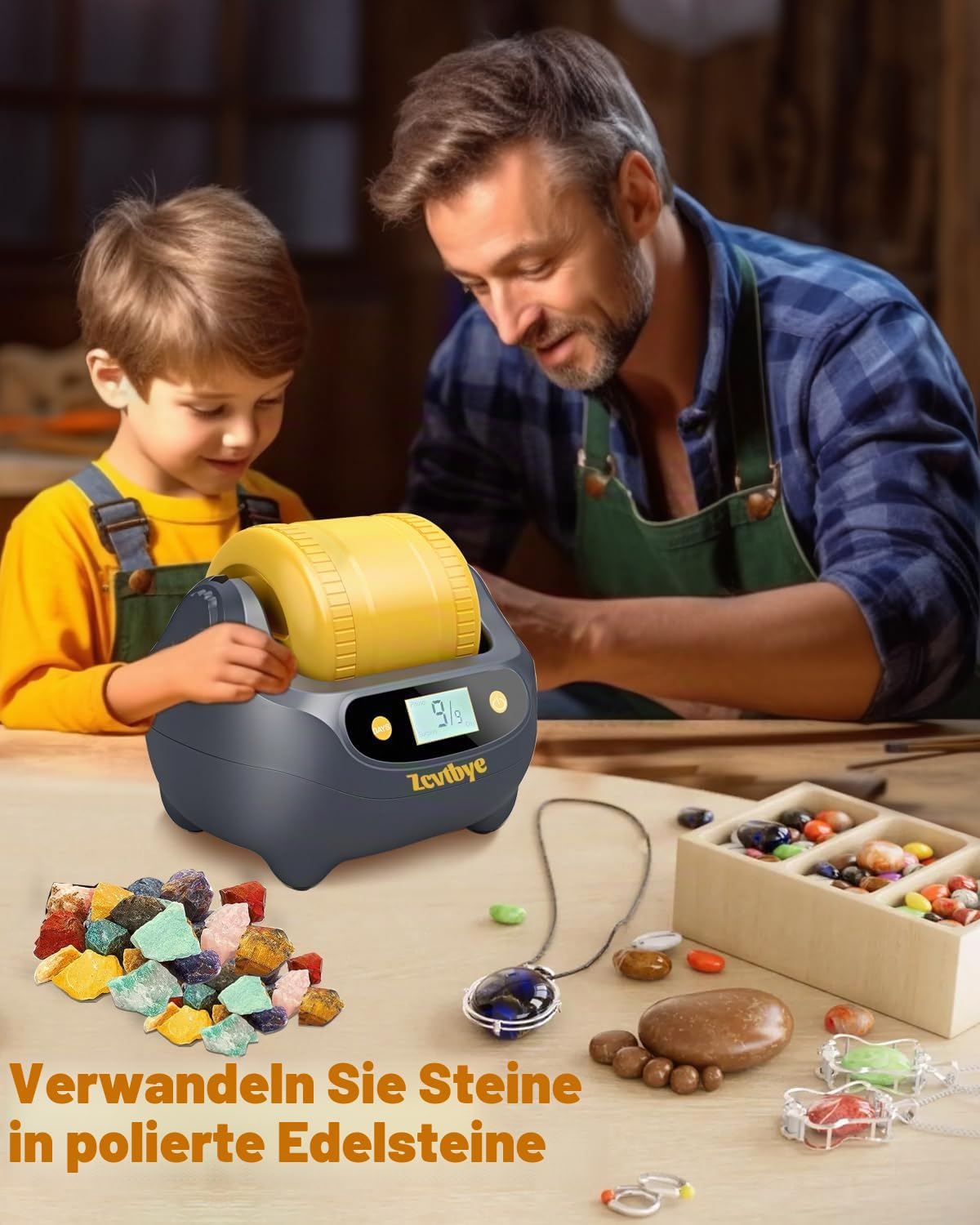 Rock Tumbler Kit, Rock Polisher mit digitalem 9-Tage-Timer, komplettes Rock-Polierset, zweilagiges Tumbler-Rauschunterdrückungsdesign, Schleifer inklusive Steinbecher und Steinpolierer-Körnung (grau)