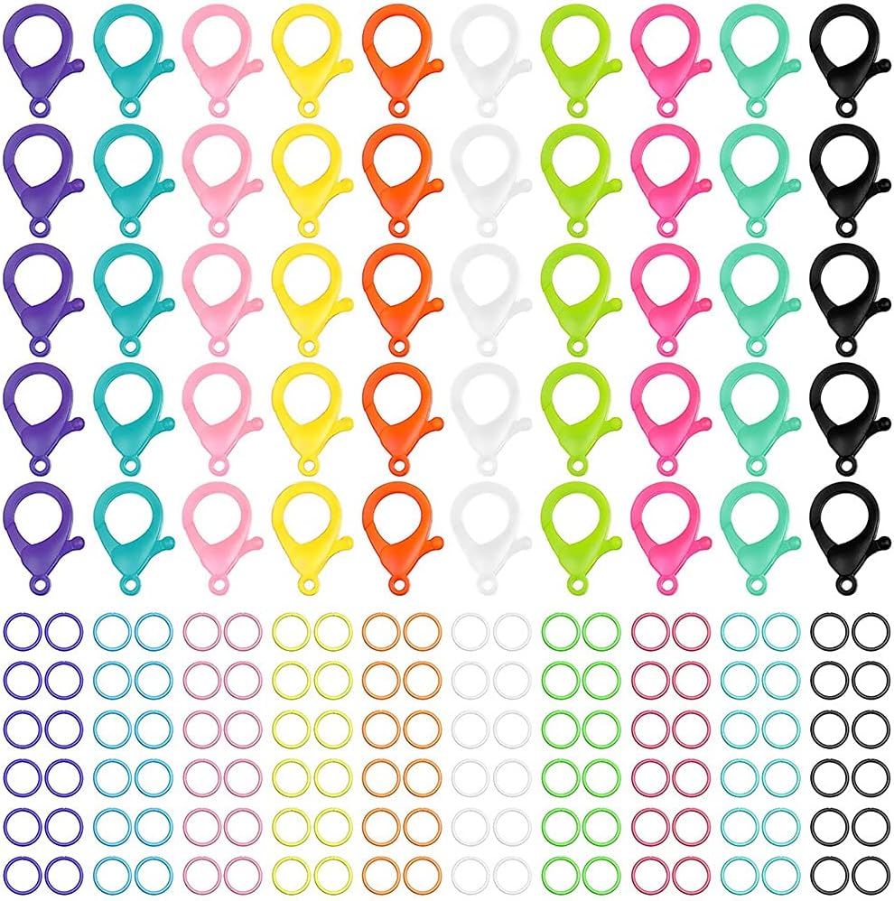 KASTWAVE Multicolor Hard Plastic Clips Plastic Lobster Claw Clasps and Open Jump Rings, Cute Lanyard Snap Hooks for Key Chain Ring Toy Chain Clasp DIY Handmade Crafts (100)