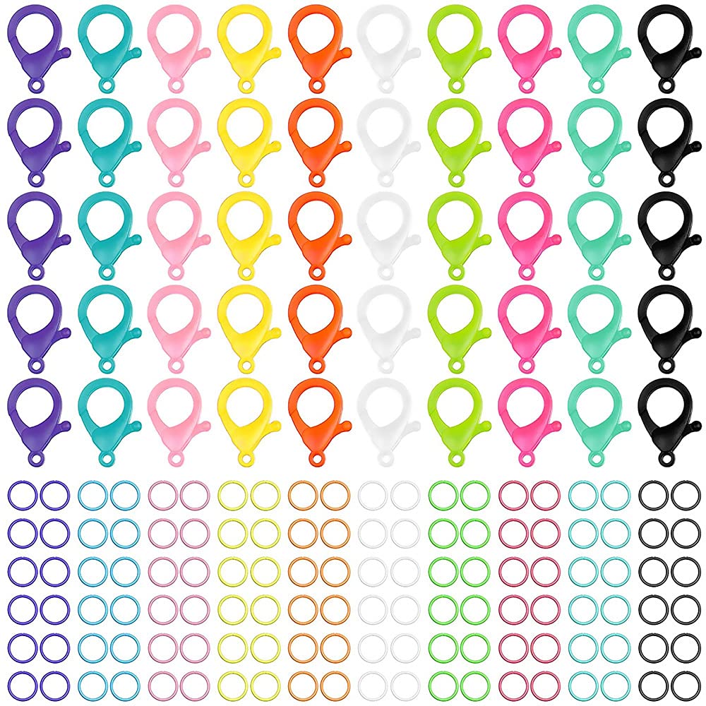 KASTWAVE Multicolor Hard Plastic Clips Plastic Lobster Claw Clasps and Open Jump Rings, Cute Lanyard Snap Hooks for Key Chain Ring Toy Chain Clasp DIY Handmade Crafts (100)