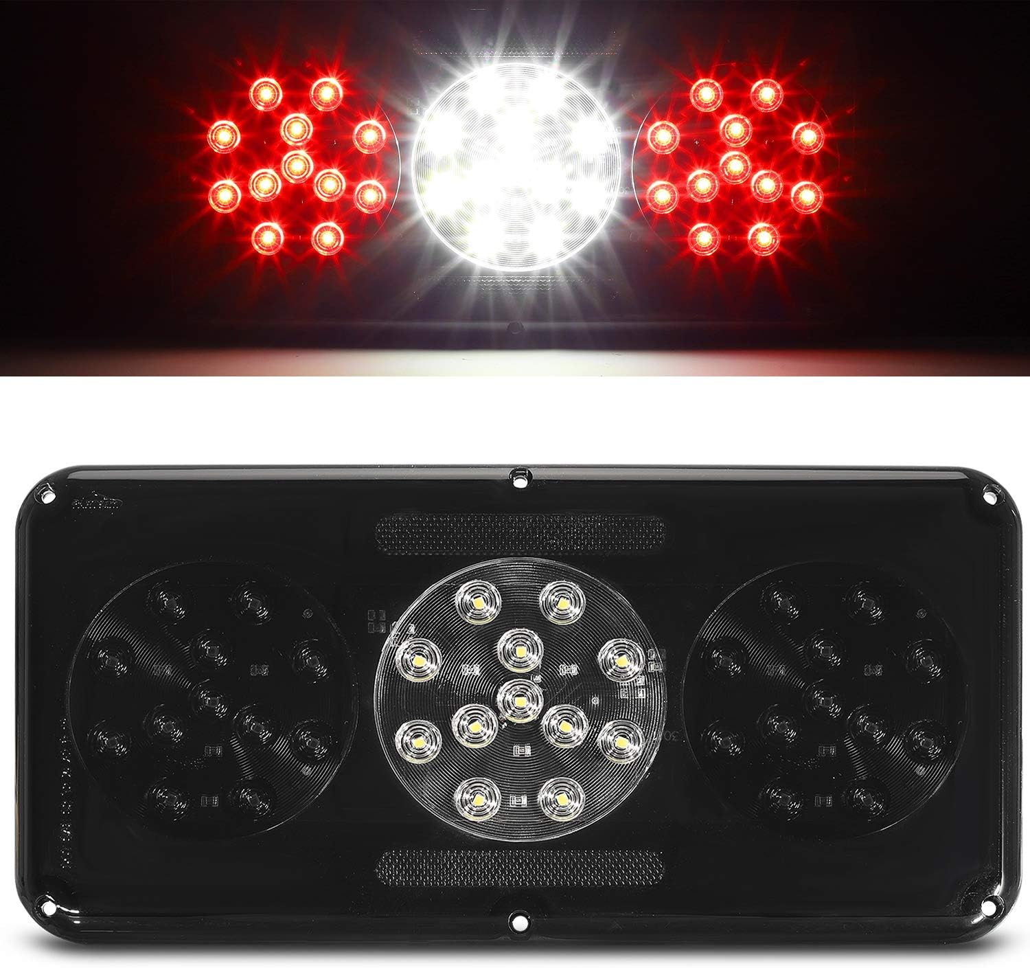 Partsam Rectangle LED Triple Tail Lights 36LEDs Trailer RV Stop Turn Tail Reverse Light Smoke Lens, 2x LED License Plate Light with Holder Drainage Hole Steel Bracket ABS Housing PC Lens DOT Compliant