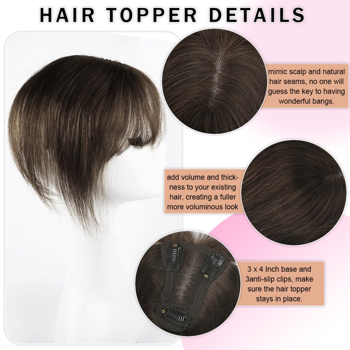 Odir Clip in Bangs for Women Real Human Hair Dark Brown 360° Cover Hairpieces Clin on Fringe Wispy Bangs Hair Toppers for Thinning