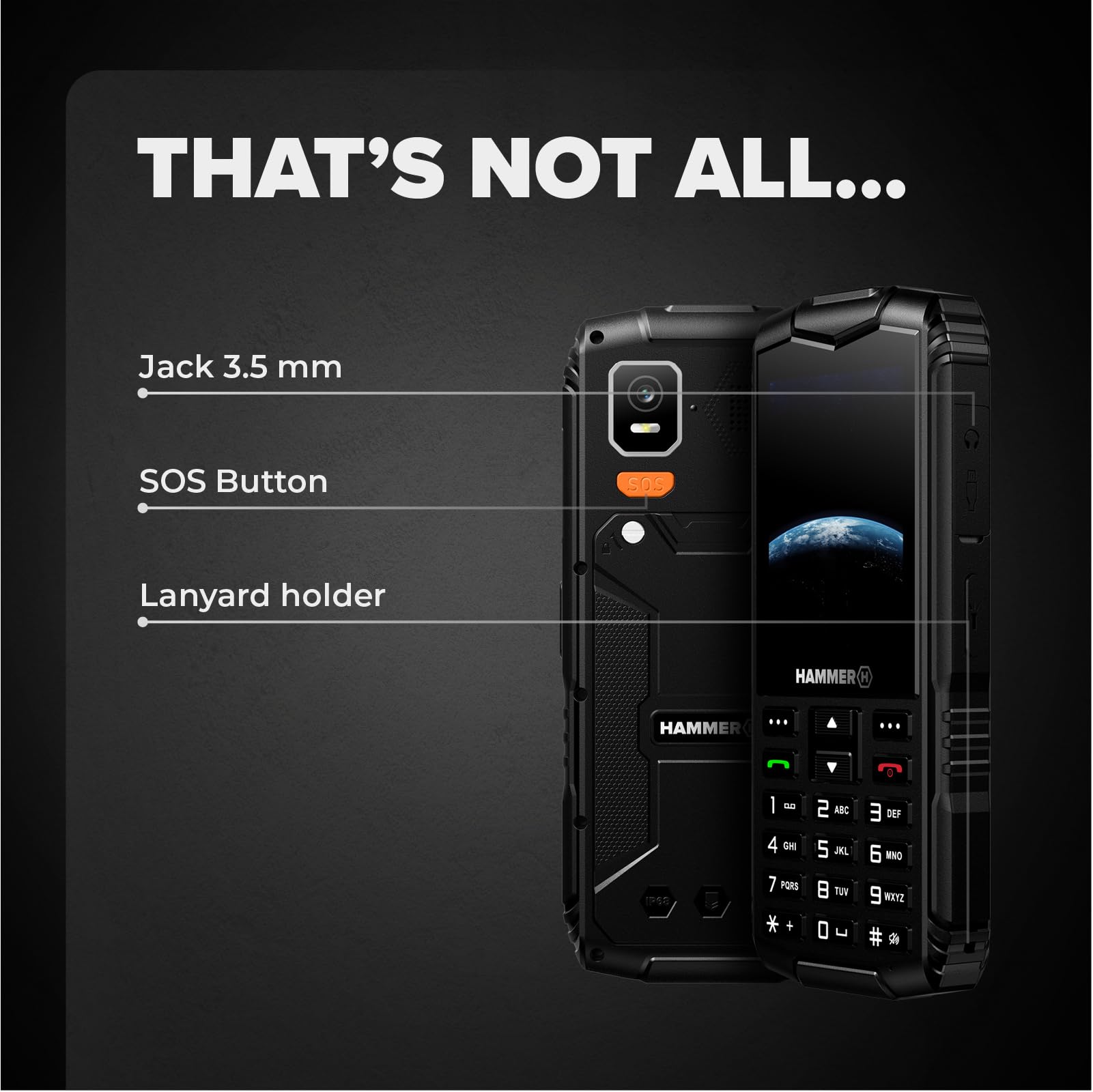 Hammer H Horizon LTE Telefono Rugged senza Contratto, Batteria 3000mAh, 64 GB, Display IPS 2,8", Tasti Grandi, Tasto SOS, Torcia, Fotocamera 2 MP, Radio FM, USB-C, Dual SIM, IP68/MIL-STD-810H, Nero