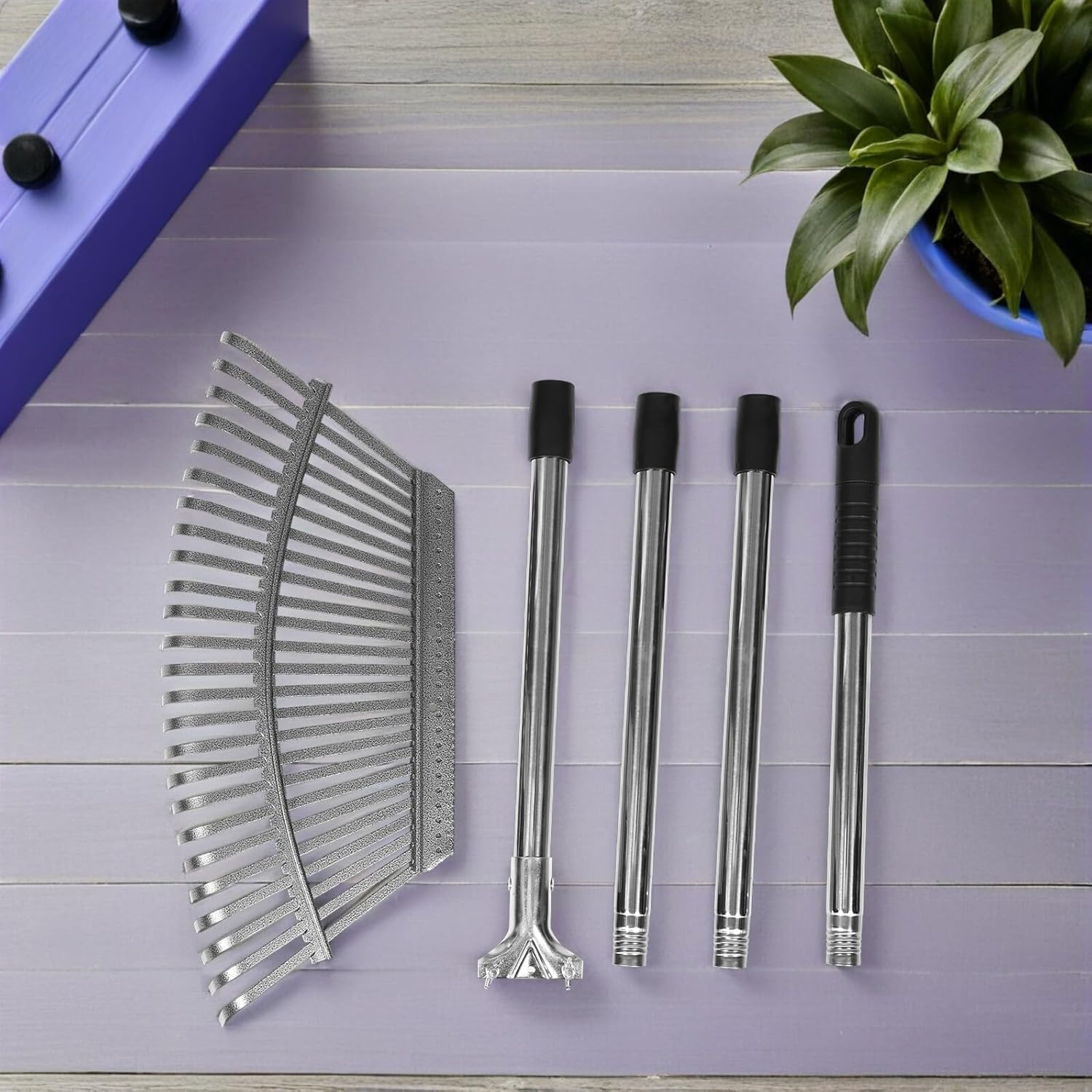 25-Tine Stainless Steel Garden Rake with Stainless Steel Handle – Multi-Joint Shrub and Flower Bed Rake for Yard Weeding and Leaf Gathering in Small Garden Areas