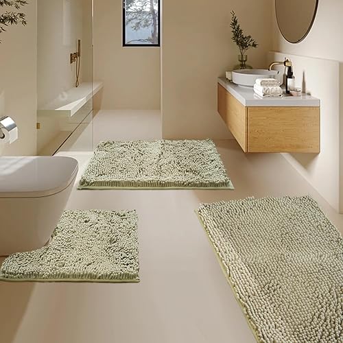 Miniatura 8 de Juego de 3 alfombras de baño de felpilla ultrasuave, antideslizante y súper absorbente, parte inferior de PVC fuerte, lavable a máquina, para Negro