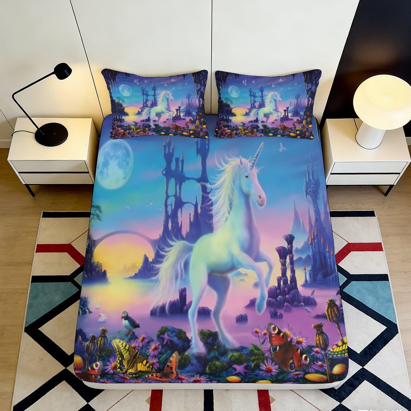 3D Printed Fantasy Unicorn Fitted Sheet Microfiber Soft Bedroom Decor Dreamland Mattress Cover for Home Dorm 90x200x25cm