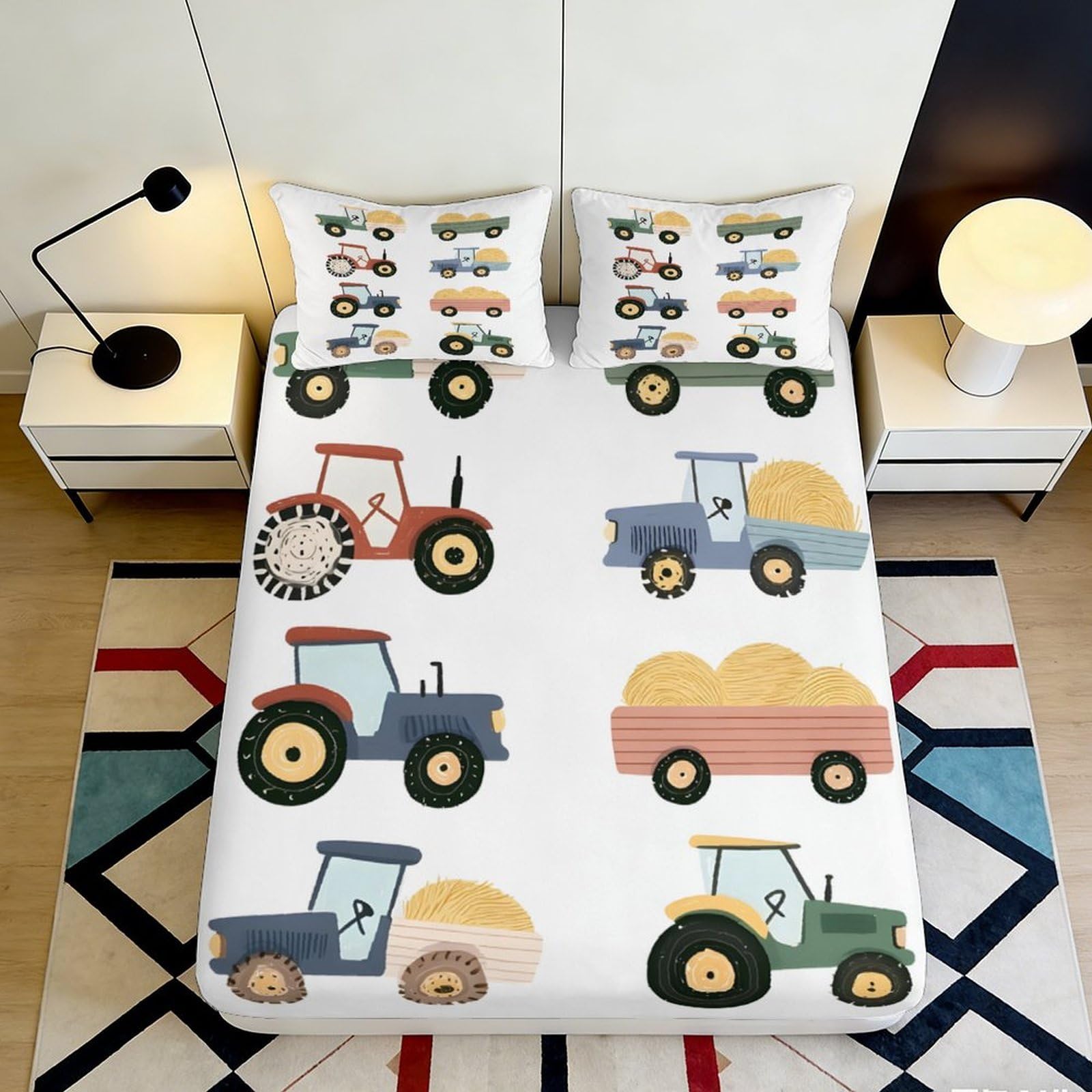 3D Printed Tractor Pattern Fitted Sheet Microfiber Deep Pocket Non-Slip Farm Tractor Mattress Fitted Cover Washable Bedding for All Ages 140x200x25cm