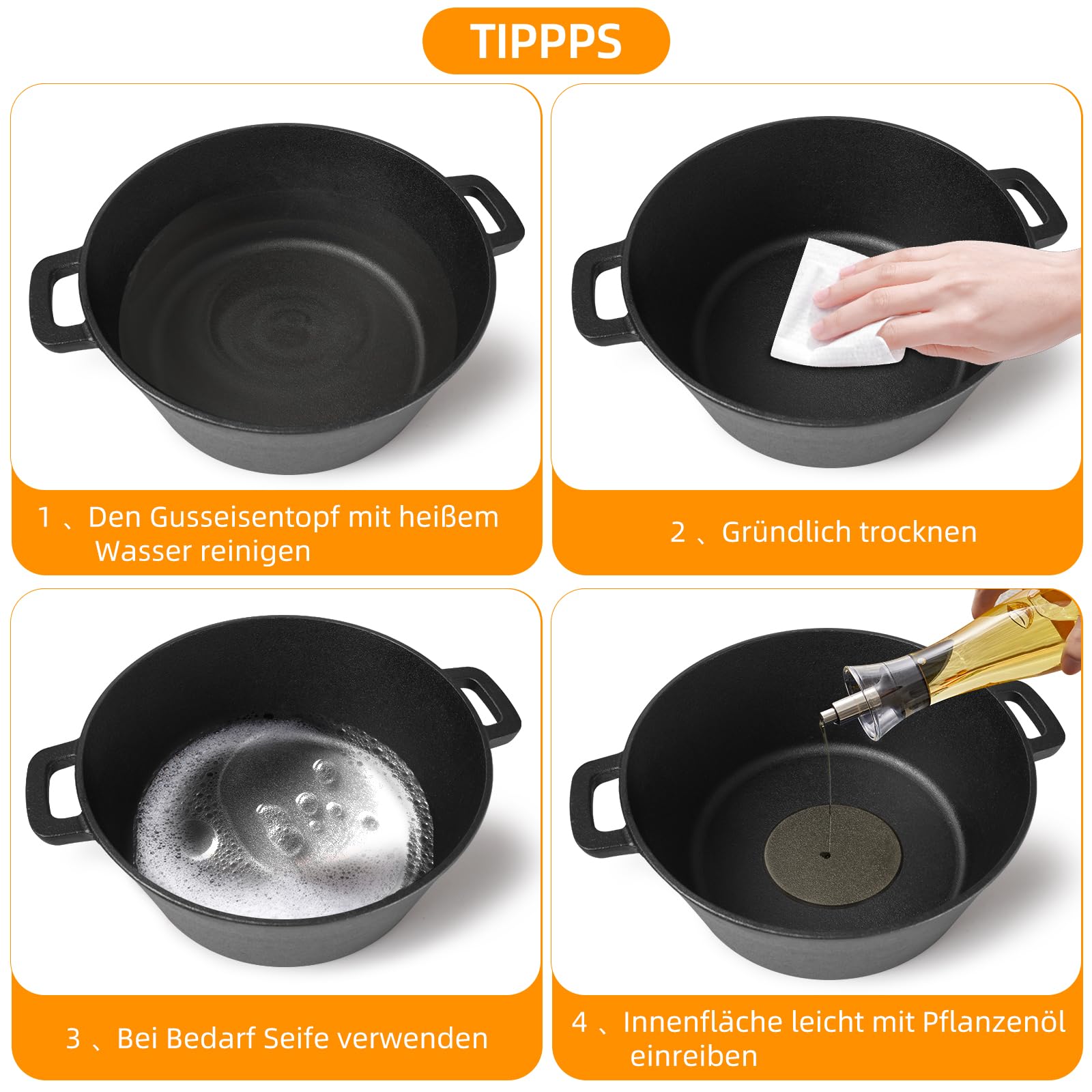 Casserole en fonte de 4,5 l - Couvercle tout-en-un - Idéale pour la cuisson du pain, le ragoût et la cocotte - Compatible avec induction, gaz, camping, feu, barbecue et barbecue - 26 cm (26 cm)