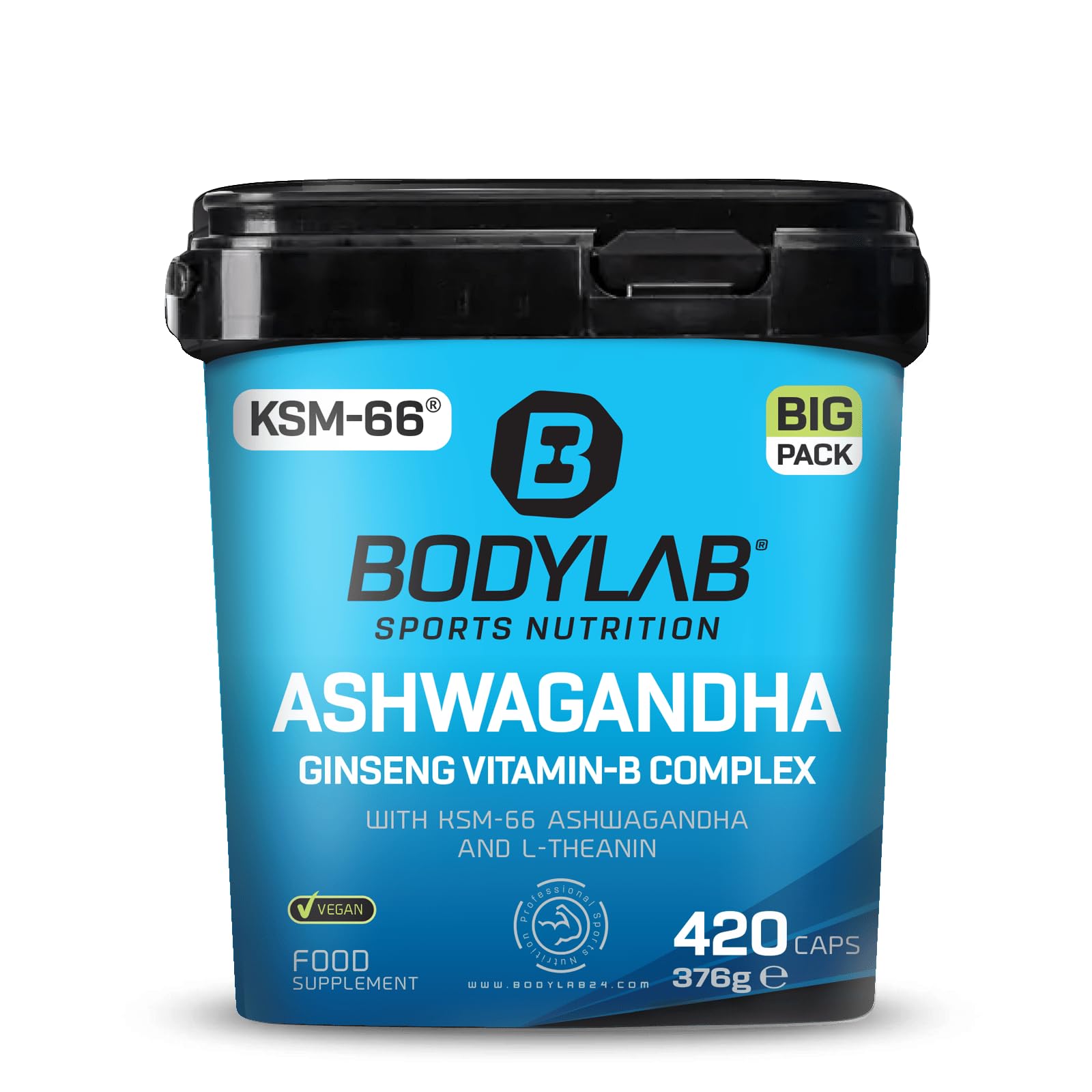 Bodylab24 Ashwagandha Ginseng Vitamin-B Complex 420 Kapseln, enthält 325mg hochwertiges KSM-66® Ashwagandha pro Kapsel, zusätzlich angereichert mit L-Theanin und Gingko biloba