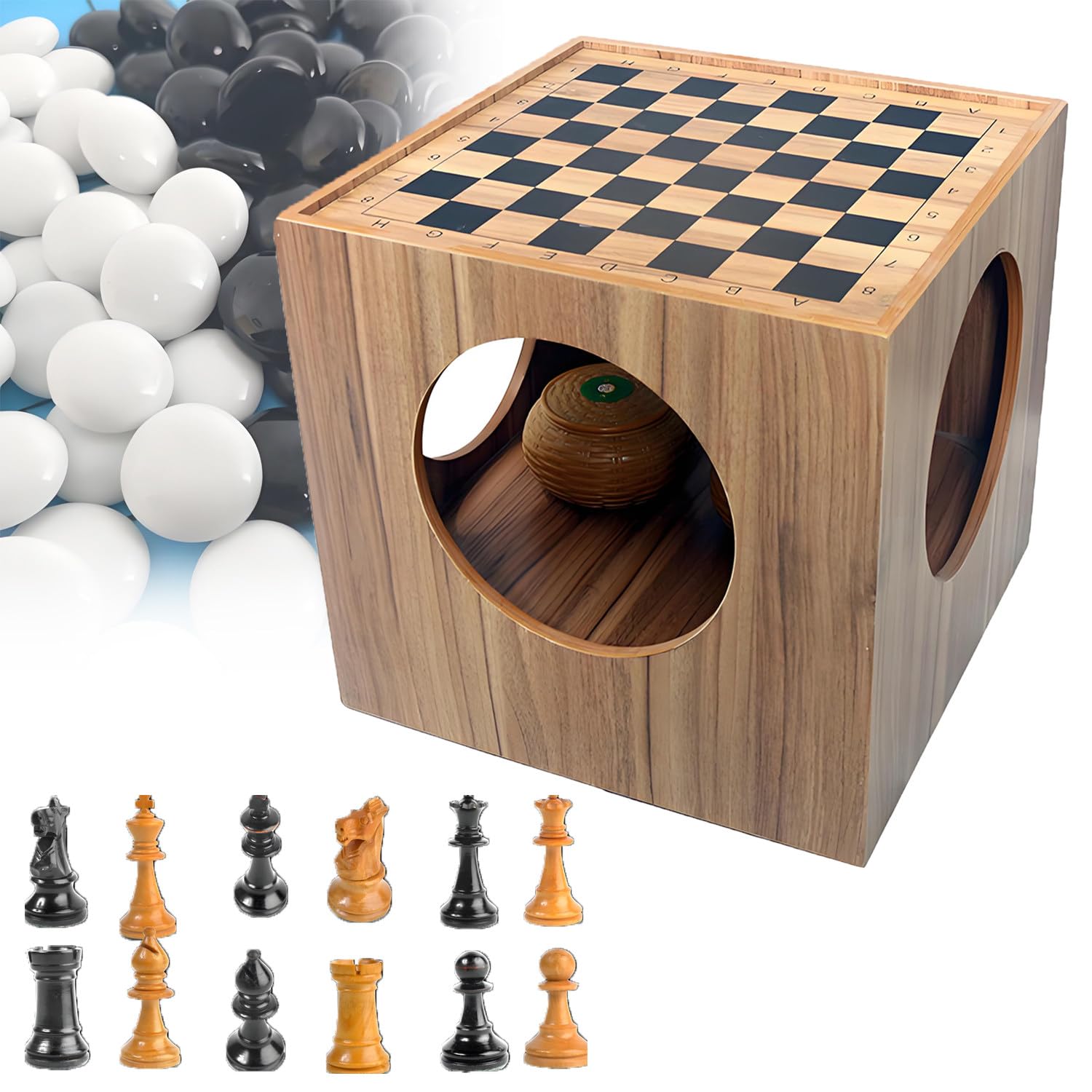 Tavolino Basso caffè,Tavolo Scacchi Go Scacchi,Scacchiera,Scacchiera Bifacciale Set Tavolo Scacchi Go 2 in 1,Diametro Foro Centrale 24cm,per Serate Gioco Famiglia 43x43x41cm