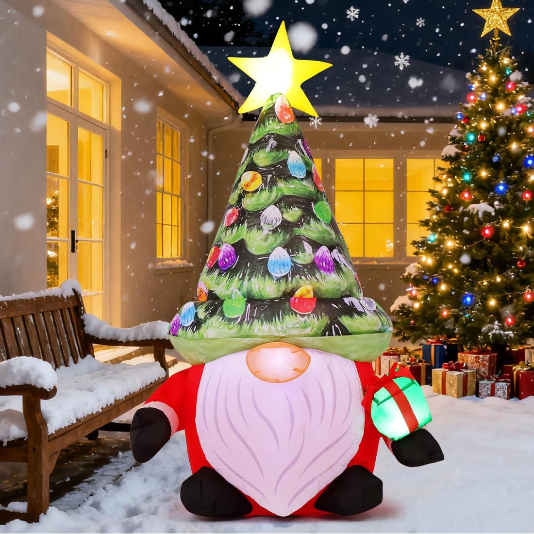 GOOSH 5 FT Christmas Inflatables Gnomes Outdoor Decorations Blow Up Yard Cute Midget Wears a Hat Shaped Like a Christmas Tree with Built-in LEDs for Garden Lawn Indoor Party Decor
