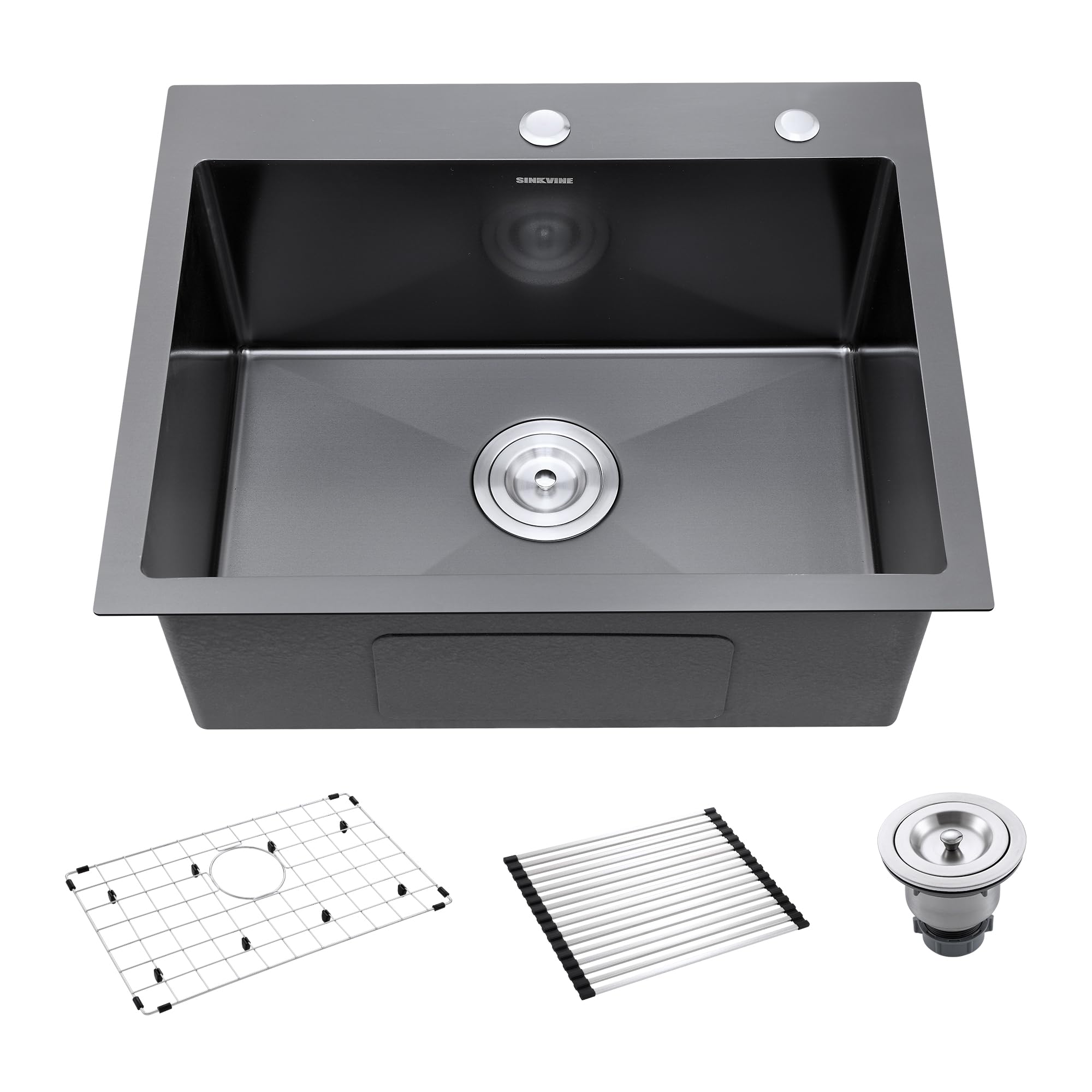 22-Inch Black Drop-In Kitchen Sink, SINKVINE Stainless Steel Single Bowl
