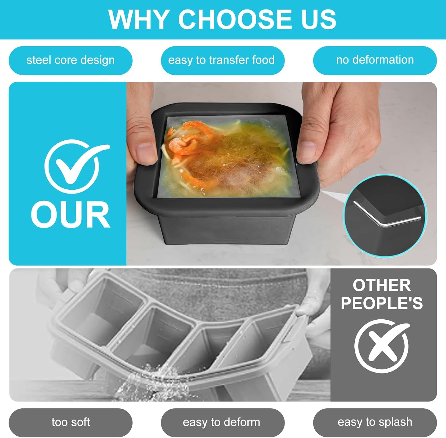Silicone Freezer Tray with Lid 4 Pack Silicone Freezer Molds Ice Cube Tray Makes 8 Perfect 1 Cup Portions Soup Cubes Meal Prep Containers- Oven & Dishwasher Safe
