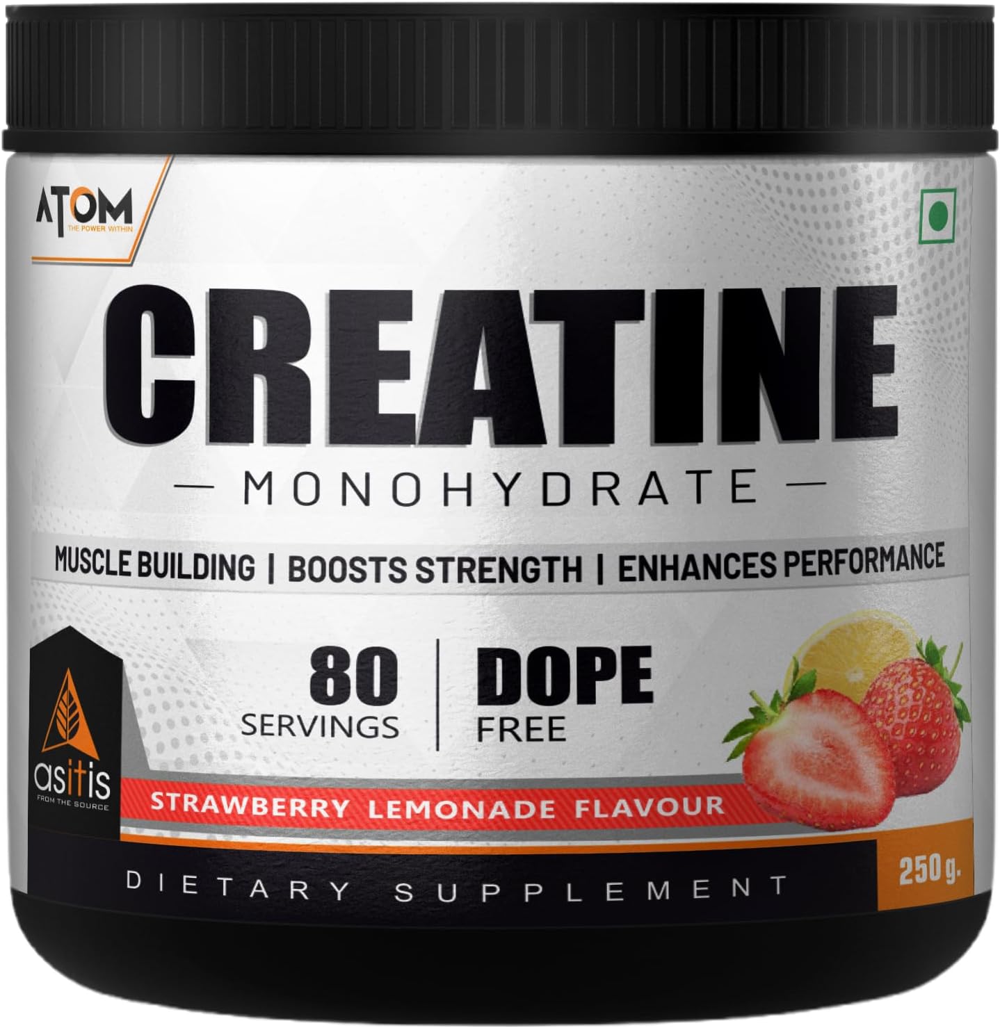 AS-IT-IS ATOM Creatine Monohydrate 250g - 80 Servings|Dope Free|Enhances Performance|Promotes Muscle Gains,Boosts Strength, Straberry Lemonade