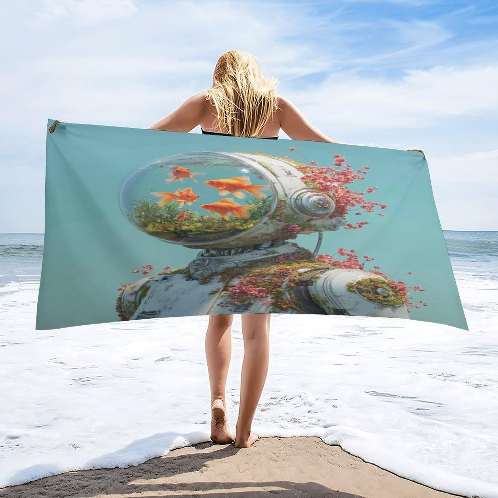 Luyysky Fantasy Cool Funny Astronaut Absorbent Beach Towel, Classic Vintage Robot Animal Goldfish Plant Flowers Outdoor Single-Sided Velvet Beach Towel-80 W Cm X 160" L Cm