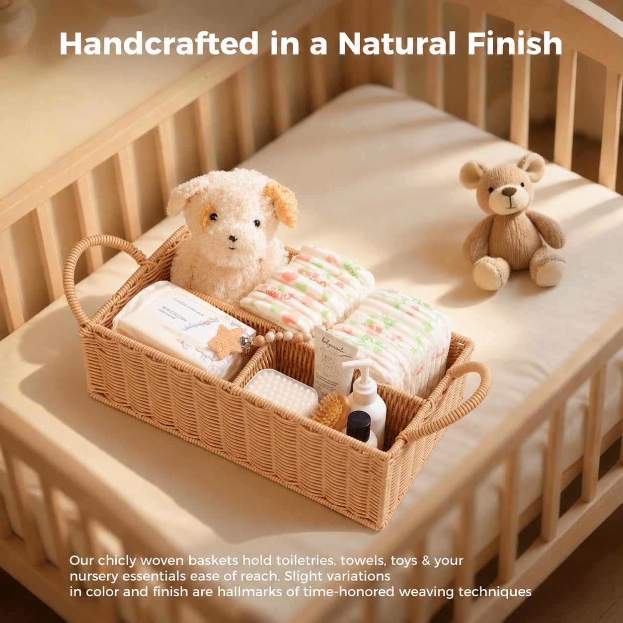 Windel-Caddy Organizer, Hand-Rattan, Babykorb, Wickeltisch-Organizer für Baby-Essentials, Babyparty-Geschenke, vielseitiger Regalkorb, Badezimmer-/Küchen-Organizer (Blush Beige, L)