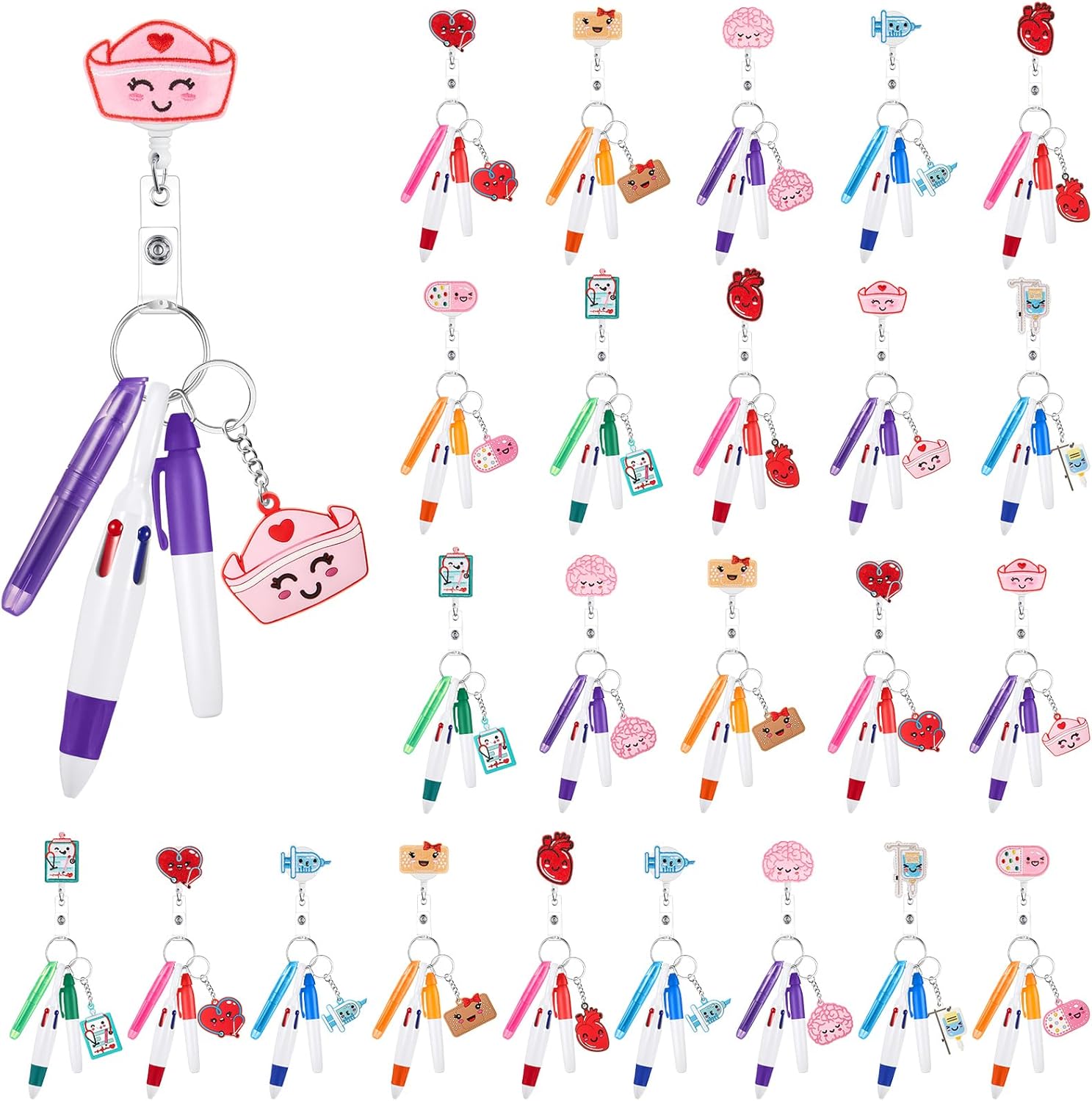 Henoyso 144 Pcs Nurse Badge Reel with Mini Highlighter Pens Bulk Nursing Week Appreciation Gifts Retractable Badge Clips Accessories for Nurses Cna Medical Assistant Staff Women (Stylish)
