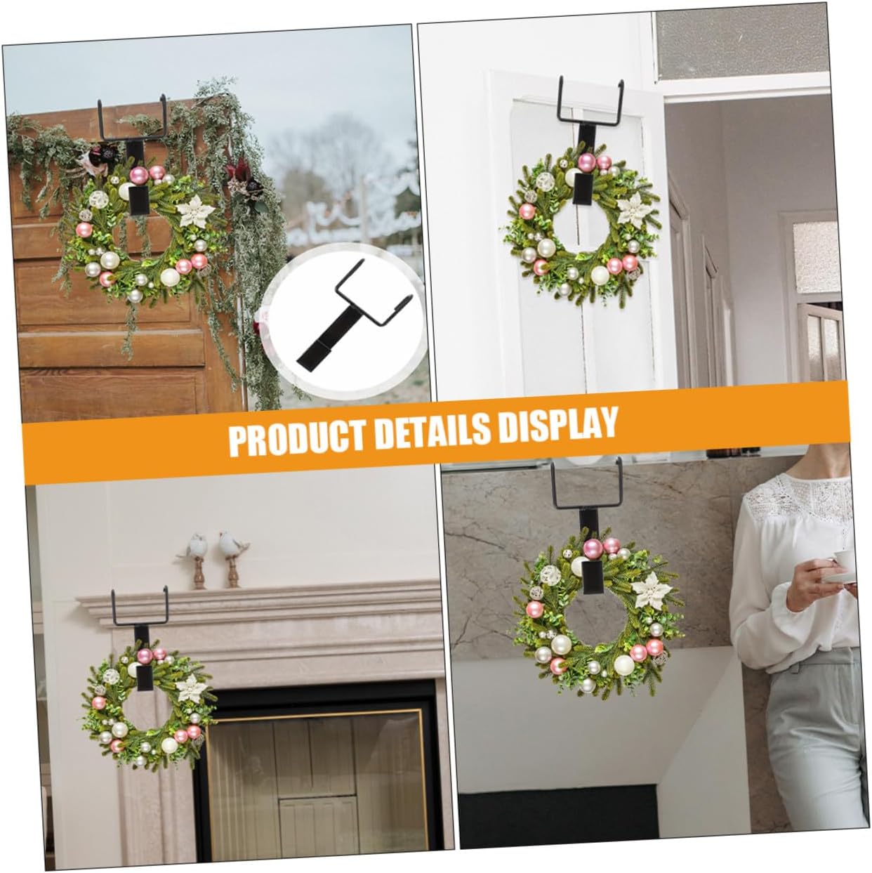 Homoyoyo 4pcs Over Door Wreath Hangers Cast Iron Hooks for Front Door Garland Holder Black Heavy Duty Holiday Decoration Hooks for Christmas and Halloween