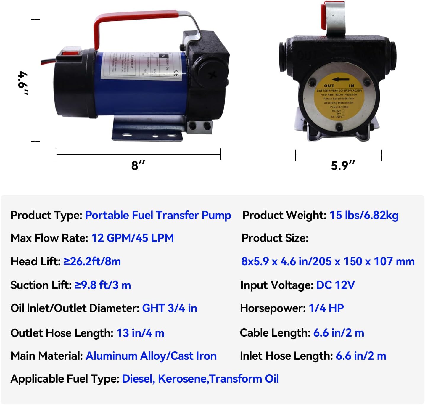12V 175W Portable Diesel Fuel Transfer Pump, 12 GPM Self-Priming with Manual Nozzle, 6.5ft Suction & 13ft Discharge Hose, 3/4" NPT for Diesel/Kerosene/Machine Oil