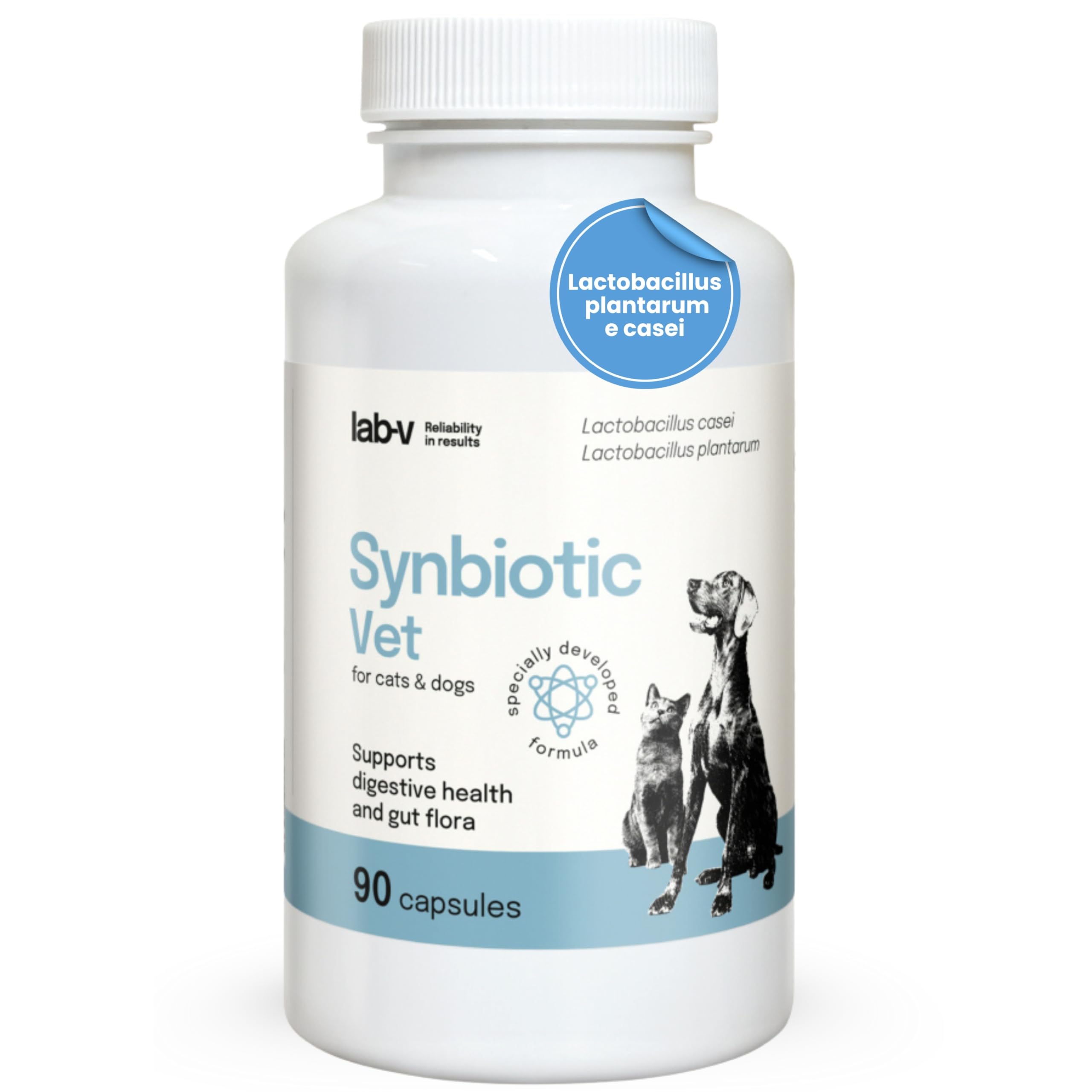 Lab-V Synbiotic Vet Probiotiques pour chiens et chats, 90 gélules probiotiques digestives pour chiens et chats avec prébiotiques, suppléments pour chien et chat, ferments lactiques, intestin santé