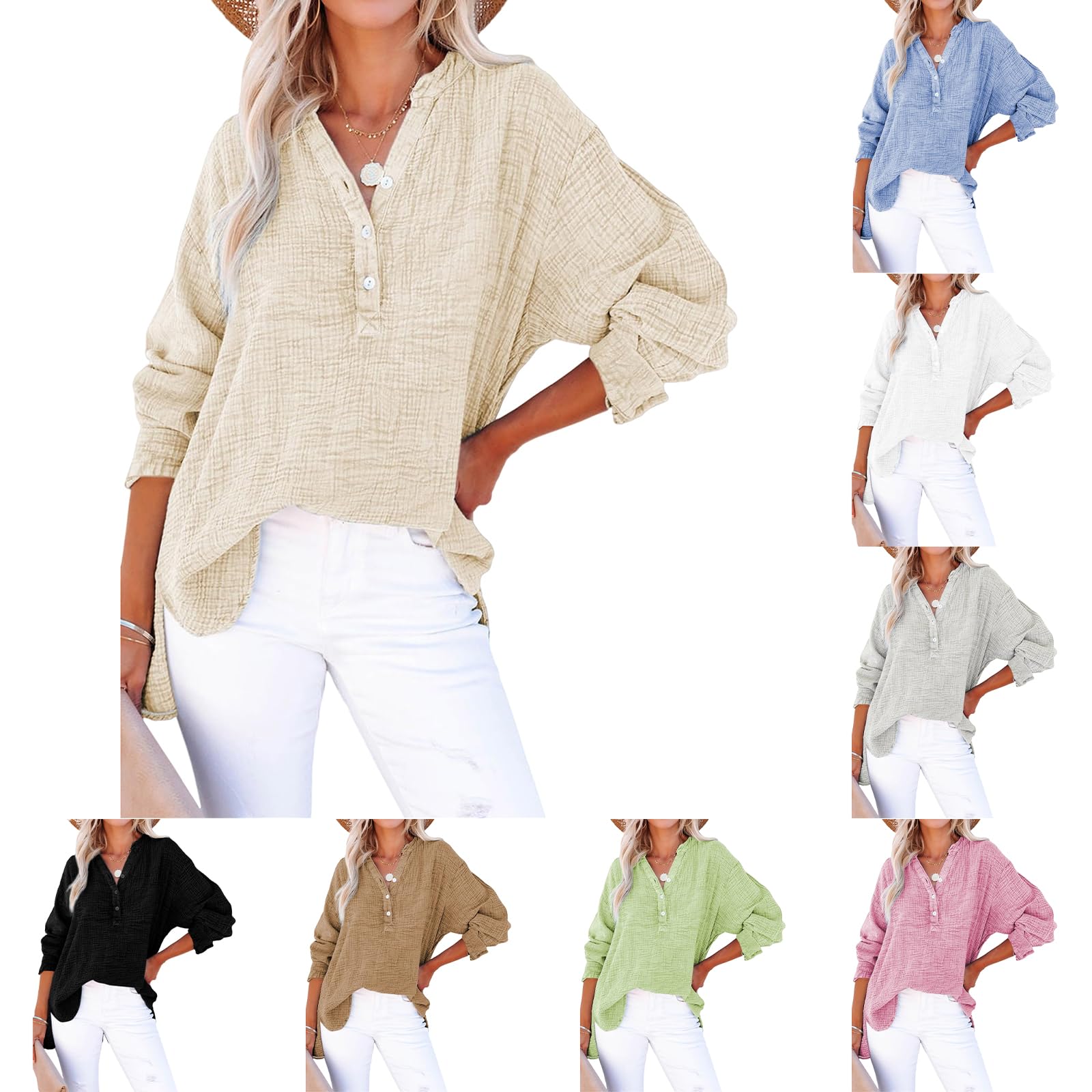 Womens Summer Tops Casual Button V Neck Long Sleeve Shirts Oversized Pullover Tops Loose…