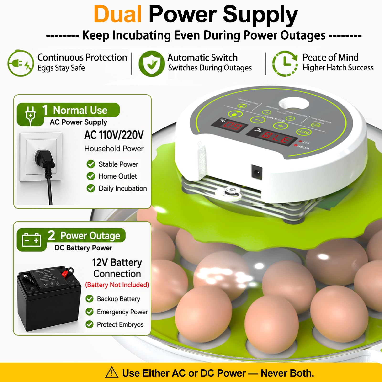 Incubatrice per uova 18/60 con display di umidità, candela per uova, tornitrice automatica per uova, incubatrice per uova di pollame, anatre, anatre, quaglie, verde