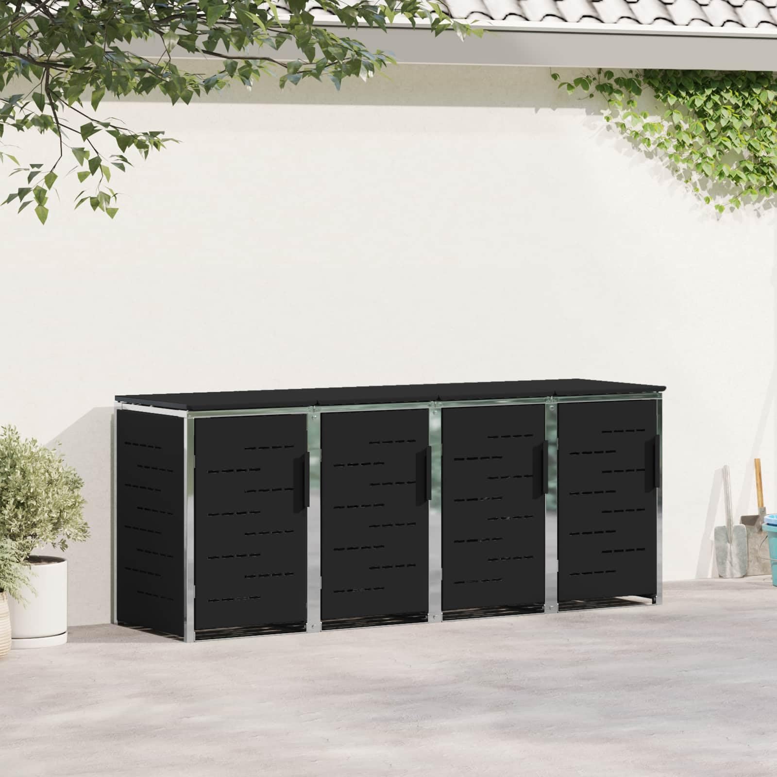 Mülltonnenbox Edelstahl Schwarz 4 Bins 240L | Erweiterbarer Schrank, Soft-Close Deckel, Magnetverschluss, Lüftungspanels