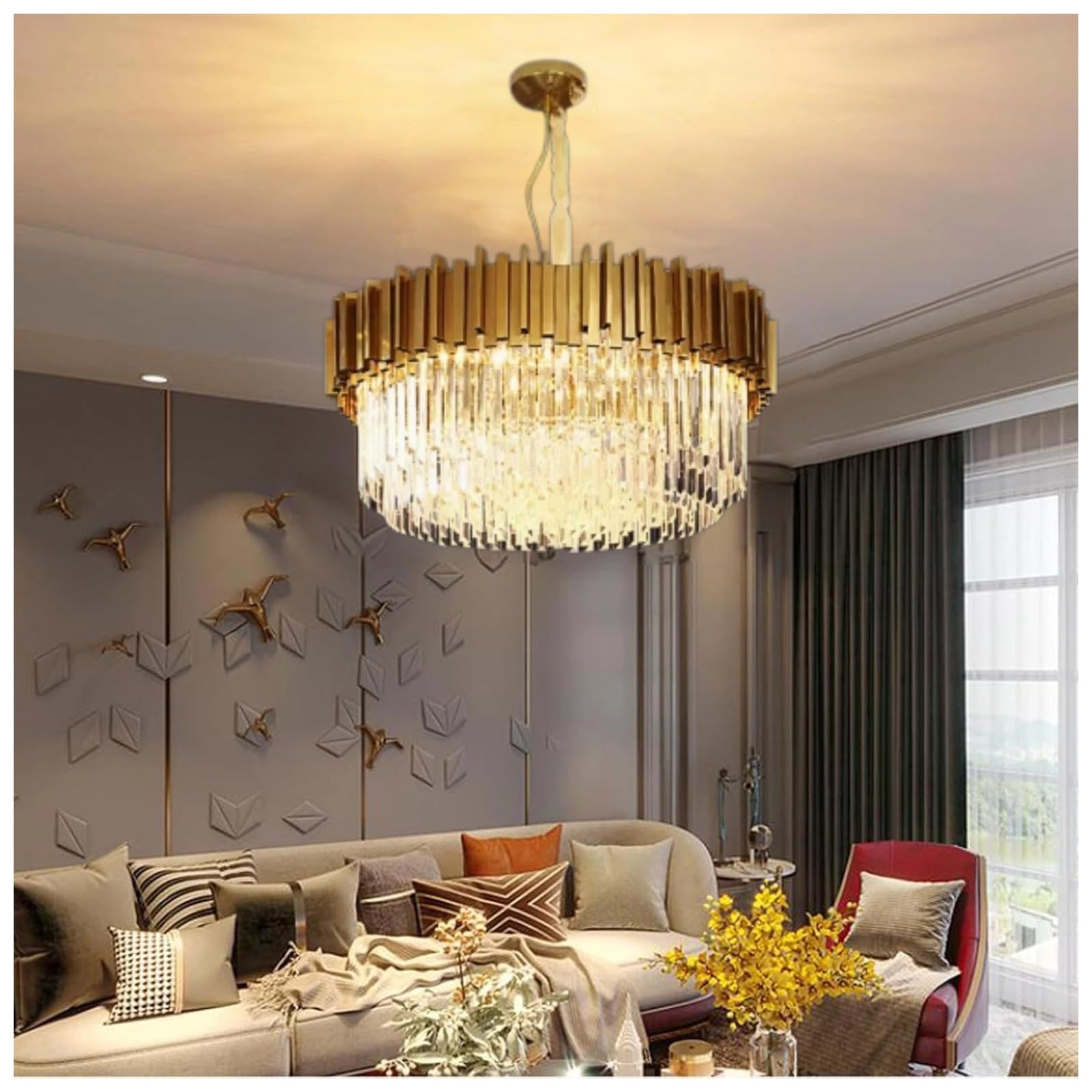 Coolpleasant E14*5 Gold Ceiling Light,Crystal Chandelier,Pendant Light Round,Stainless Steel Hanging Chain Adjustable, 3 Color Light, for Living Room Bedroom Dining Room(Size:40cm)