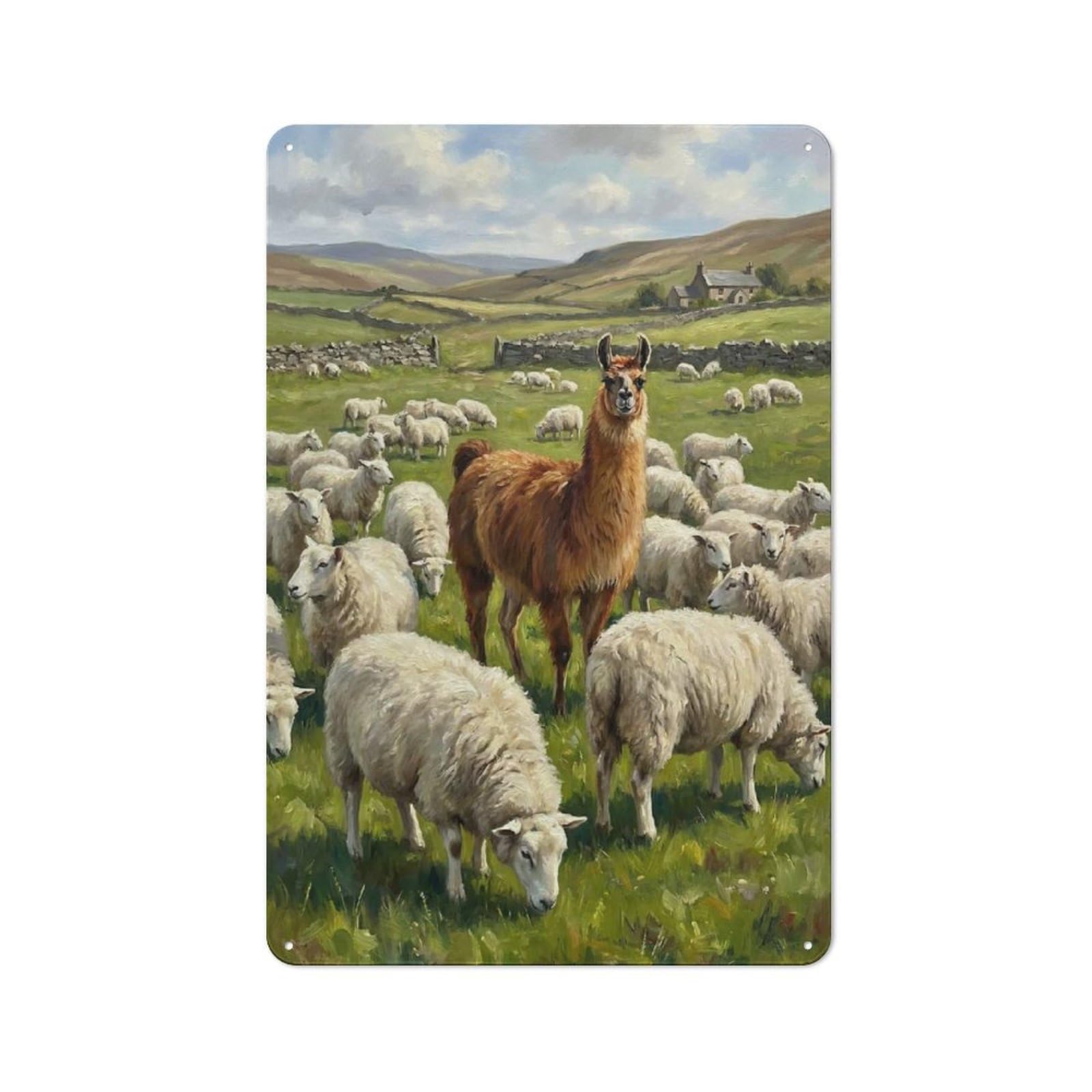 Junmoney Style-4 Llama And Sheep In Grassy Field Rustic Metal Sign 30X20cm For Café Or Home Bar, Suited To Home Bar Enthusiasts, For Retro Home Interiors