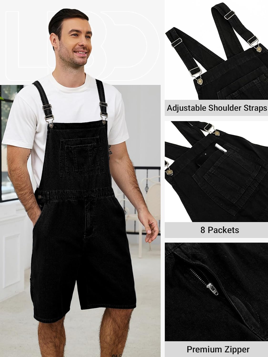 Men's Denim Overalls Cargo Jean Shorts Jumpsuit Loose Fit Work Bib Coveralls with Zipper - Image 2