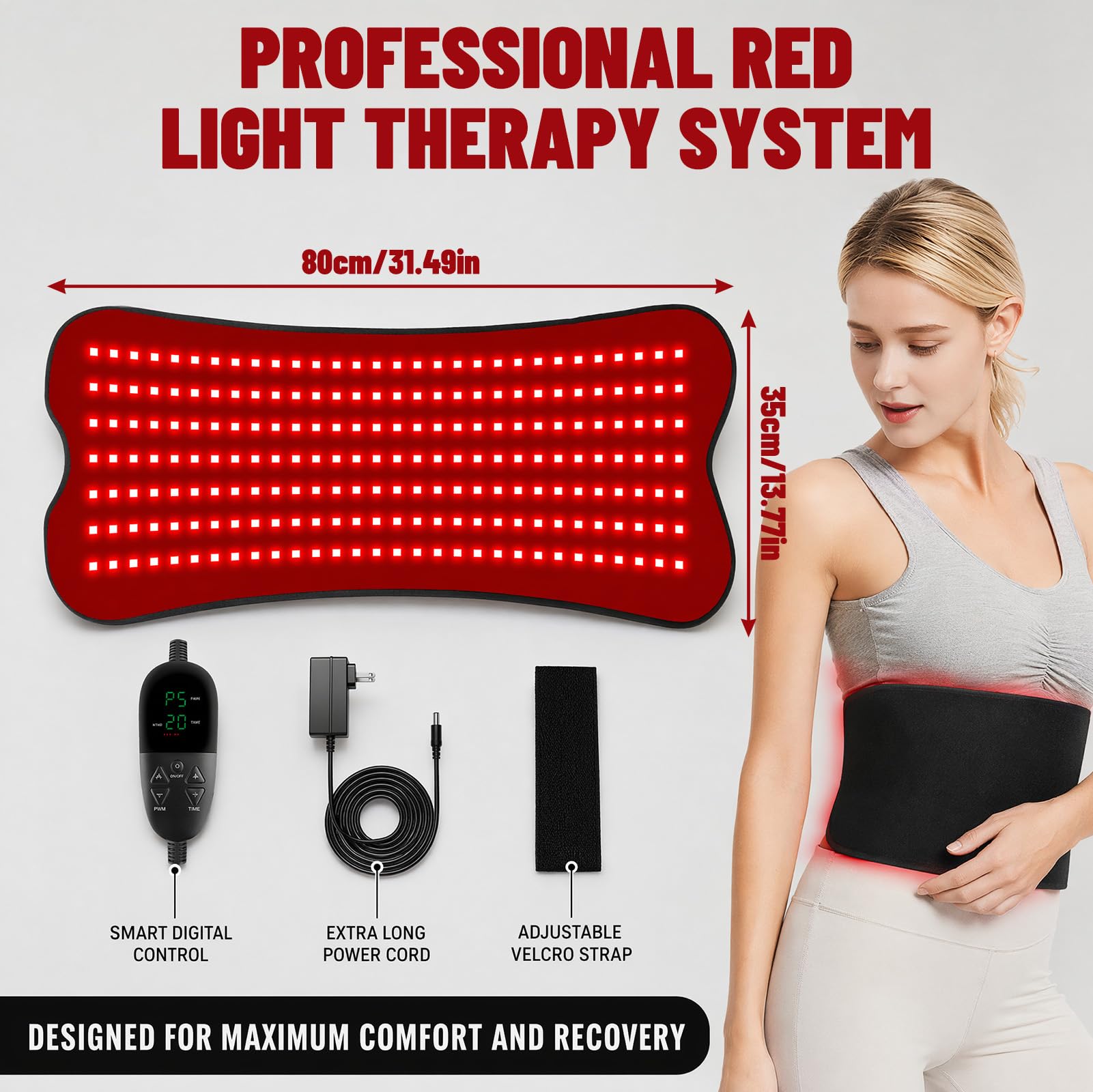 Tappetino a infrarossi con 210 LED, 660 nm e 850 nm Red Light Therapy per il corpo, terapia della luce rossa con 5 livelli di luminosità e 5 impostazioni di tempo per gambe, schiena, vita, scuola, 80