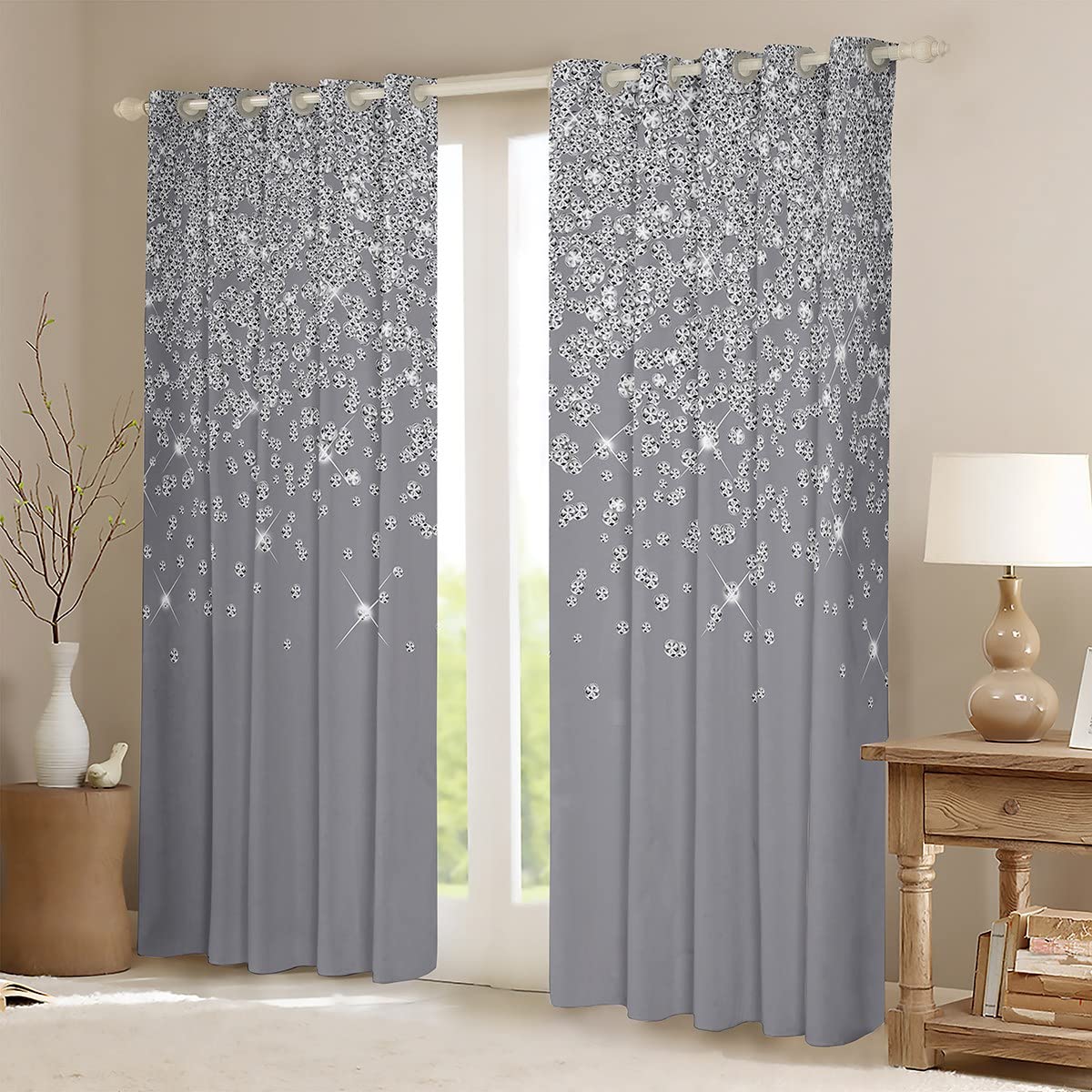 Loussiesd Silver Glitter Blackout Curtains(No Glitter) Bling Partyations Curtain Diamond Grey Darkening Window Drapes for Bedroom Bedroom Window Treatments W52*L90 - Image 2
