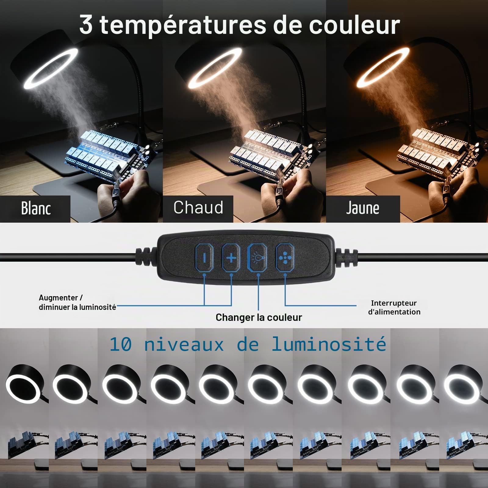 SainSmart Absorbeur de fumée magnétique à souder avec lumières LED, col de cygne en acier inoxydable et pince de table remplaçable, ventilateur extracteur de fumée portable