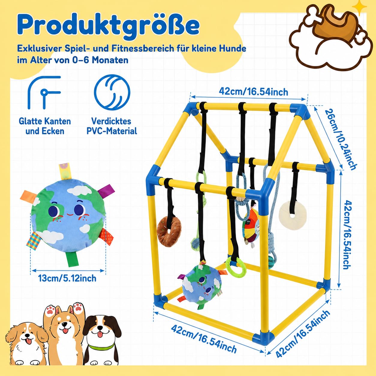 Parc de jeu pour chiots avec 8 jouets intelligents et fermetures , salle de jeu pour petits chiens avec cadre en PVC, jouet pour chiots pour dressage, apaisement, sol intérieur
