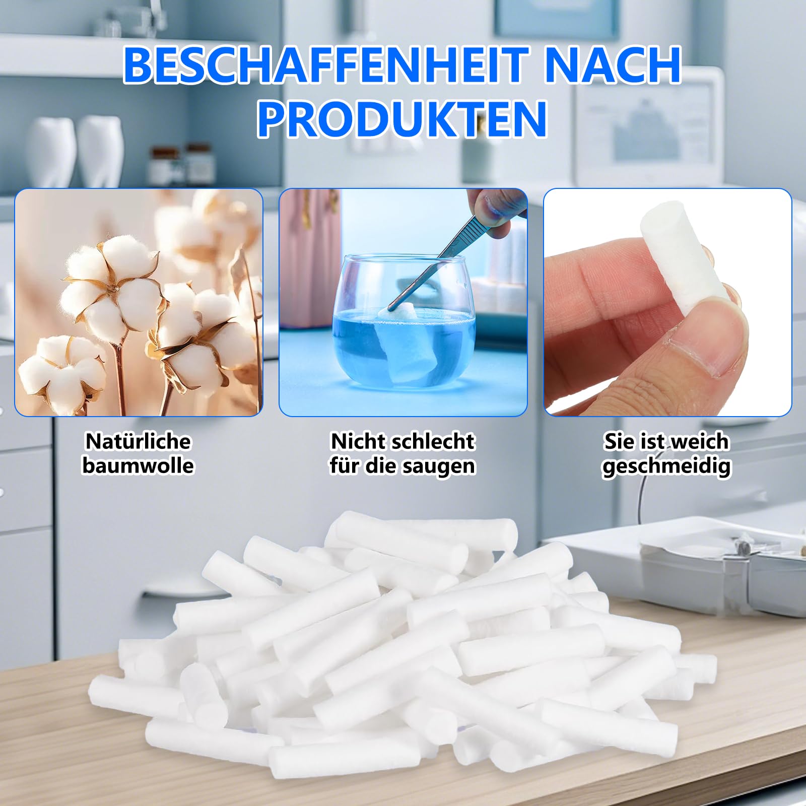 1000pcs Zahnwatterollen, Dental Watterollen Hochsaugfähig Baumwolle nasenbluten stopper für Mundhöhle, Nasenbluten oder andere Notfallunfälle